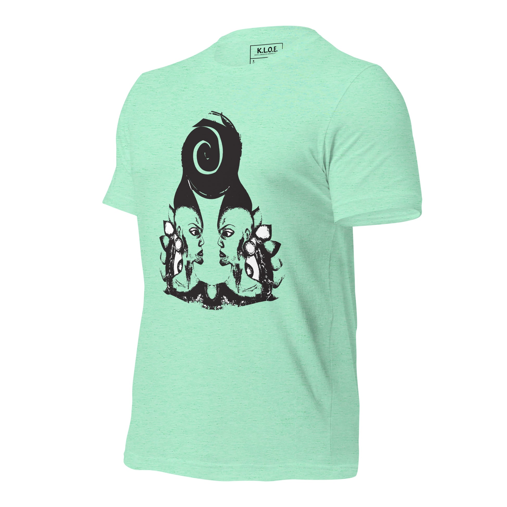 Mint t-shirt featuring wearable illustrations with an art-inspired black design of mirrored female faces and a bold central spiral symbol, celebrating expressive fashion and individuality – unique clothing by K.L.O.E.