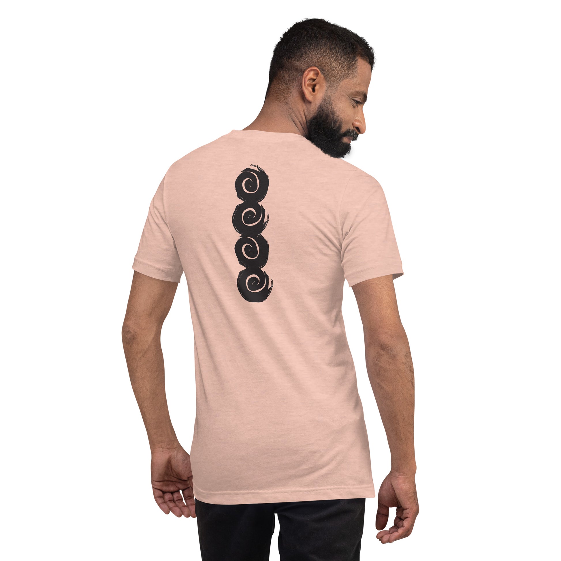 Back of an peach color  t-shirt featuring a vertical row of four bold, black spiral symbols, hand-drawn in an expressive, brushstroke style. This culturally inspired design from K.L.O.E. highlights artisan craftsmanship and modern boho style, perfect for those who seek unique, eco-friendly fashion and artistic self-expression, worn by a male model.