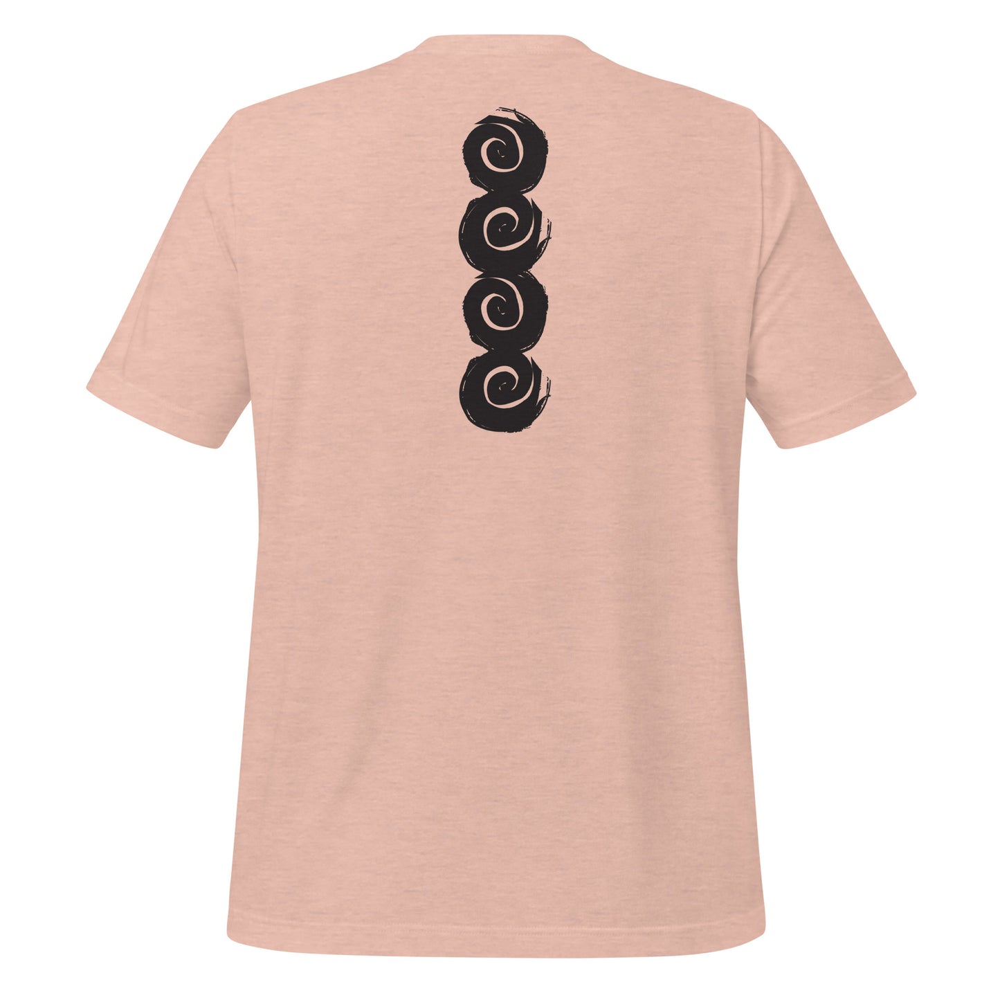 Back of an peach color t-shirt featuring a vertical row of four bold, black spiral symbols, hand-drawn in an expressive, brushstroke style. This culturally inspired design from K.L.O.E. highlights artisan craftsmanship and modern boho style, perfect for those who seek unique, eco-friendly fashion and artistic self-expression, worn by a male model.