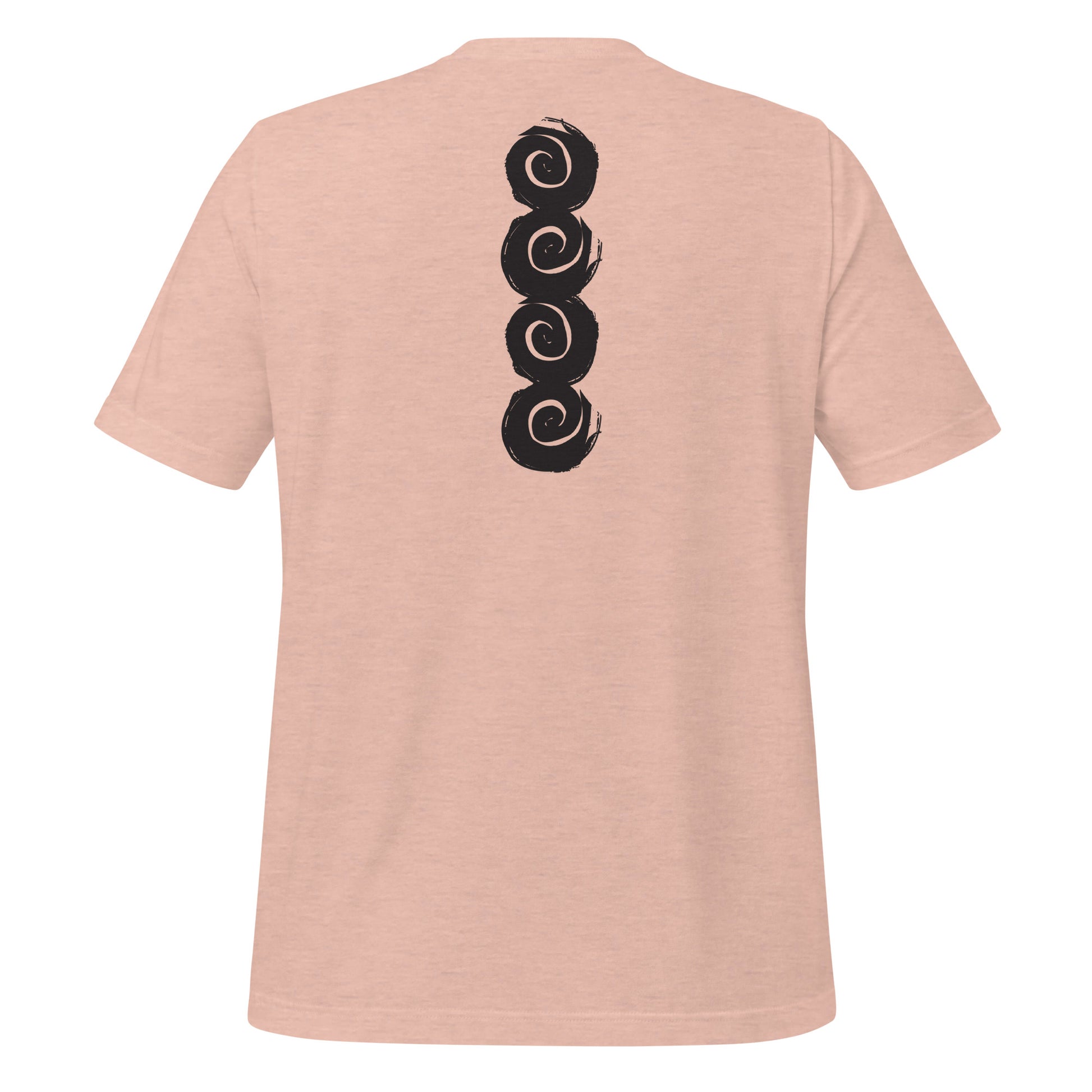 Back of an peach color t-shirt featuring a vertical row of four bold, black spiral symbols, hand-drawn in an expressive, brushstroke style. This culturally inspired design from K.L.O.E. highlights artisan craftsmanship and modern boho style, perfect for those who seek unique, eco-friendly fashion and artistic self-expression, worn by a male model.