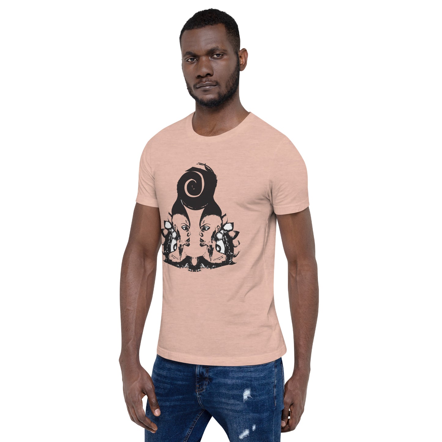 A  male model wearing peach color t-shirt featuring wearable illustrations with an art-inspired black design of mirrored female faces and a bold central spiral symbol, celebrating expressive fashion and individuality – unique clothing by K.L.O.E.