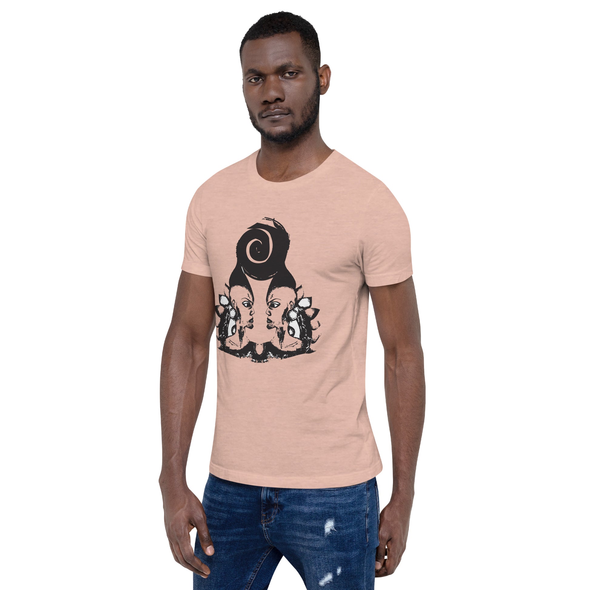 A  male model wearing peach color t-shirt featuring wearable illustrations with an art-inspired black design of mirrored female faces and a bold central spiral symbol, celebrating expressive fashion and individuality – unique clothing by K.L.O.E.