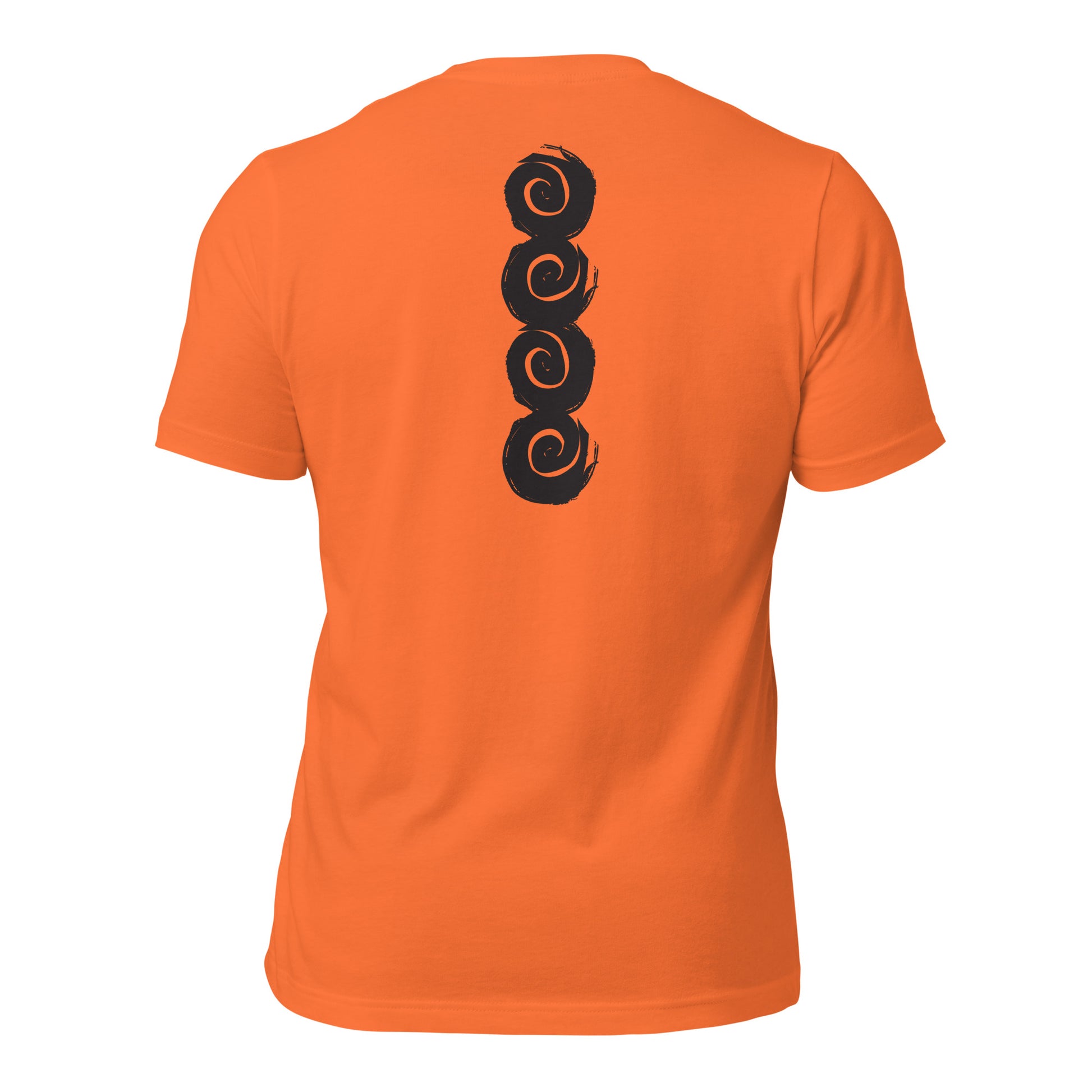 Back of an orange t-shirt featuring a vertical row of four bold, black spiral symbols, hand-drawn in an expressive, brushstroke style. This culturally inspired design from K.L.O.E. highlights artisan craftsmanship and modern boho style, perfect for those who seek unique, eco-friendly fashion and artistic self-expression.