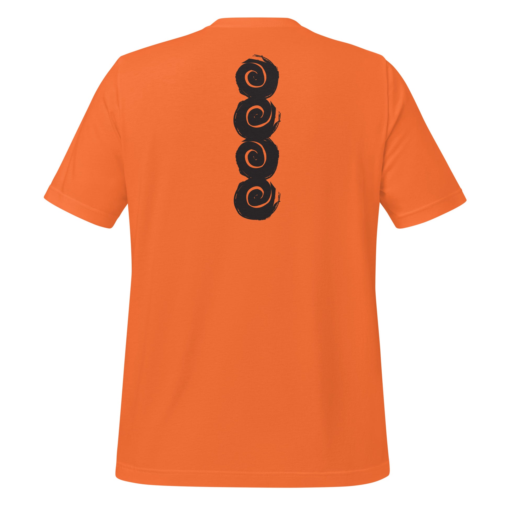 Back of an orange t-shirt featuring a vertical row of four bold, black spiral symbols, hand-drawn in an expressive, brushstroke style. This culturally inspired design from K.L.O.E. highlights artisan craftsmanship and modern boho style, perfect for those who seek unique, eco-friendly fashion and artistic self-expression.
