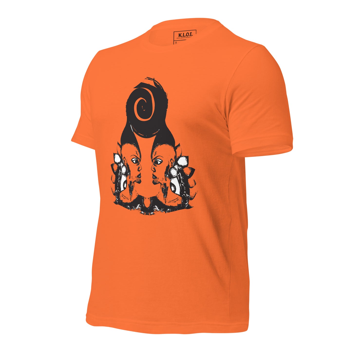 Orange t-shirt featuring a hand-drawn black ink design of two mirrored female figures with bold, intricate headpieces, connected by a swirling central element. This artistic piece from K.L.O.E. embraces cultural inspiration and self-expression, crafted for those who appreciate unique, expressive fashion and modern bohemian style.