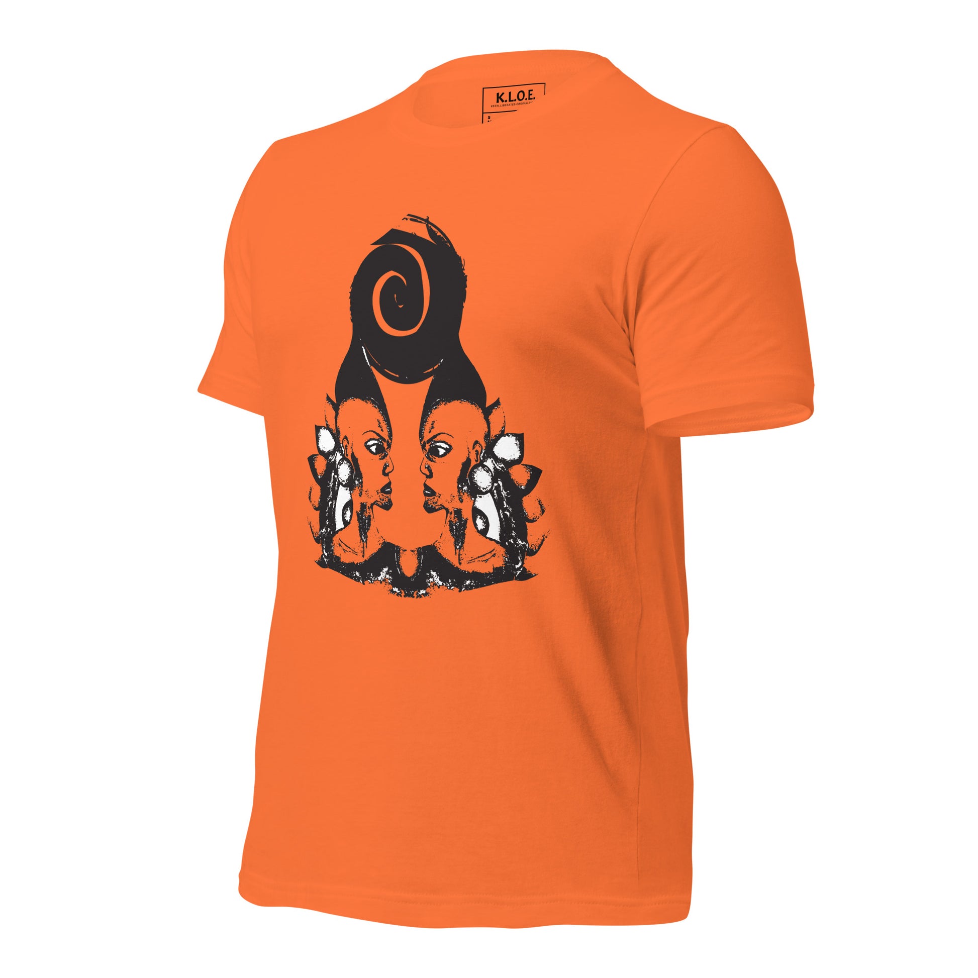 Orange t-shirt featuring a hand-drawn black ink design of two mirrored female figures with bold, intricate headpieces, connected by a swirling central element. This artistic piece from K.L.O.E. embraces cultural inspiration and self-expression, crafted for those who appreciate unique, expressive fashion and modern bohemian style.