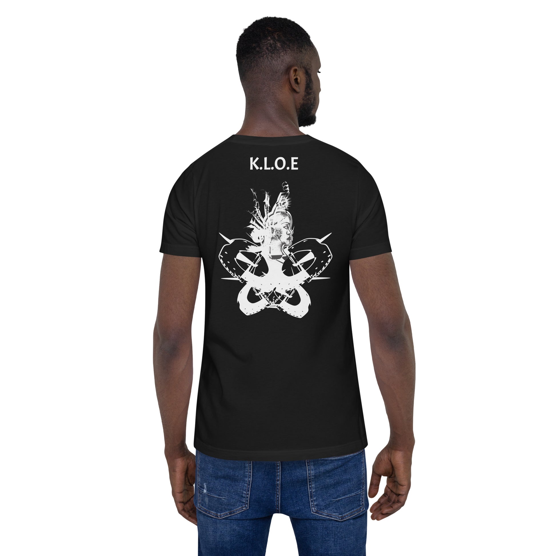 Back view of black unisex K.L.O.E. T-shirt showcasing white hand-drawn abstract face artwork with K.L.O.E. text above, expressing cultural artistry and individuality.