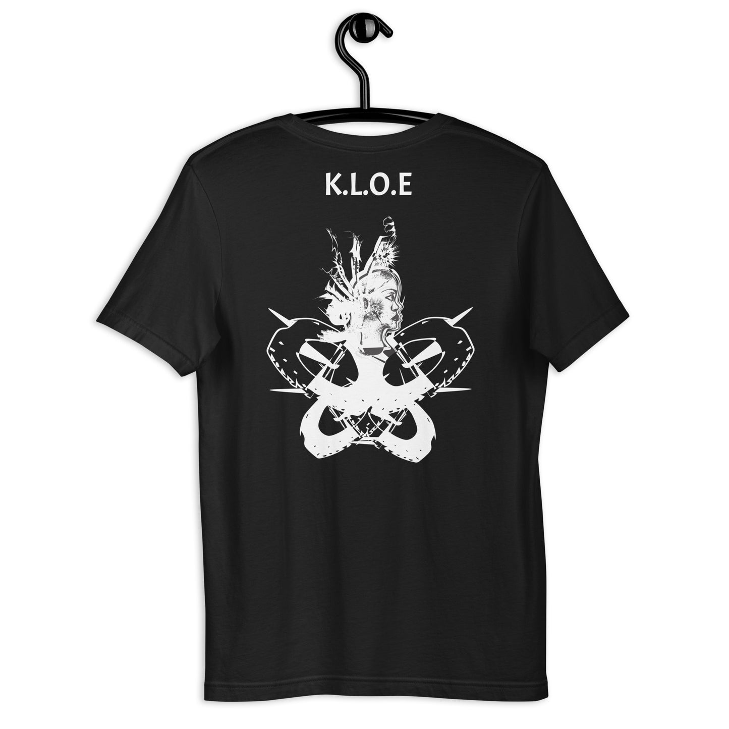 Back view of black unisex K.L.O.E. T-shirt showcasing white hand-drawn abstract face artwork with K.L.O.E. text above, expressing cultural artistry and individuality.