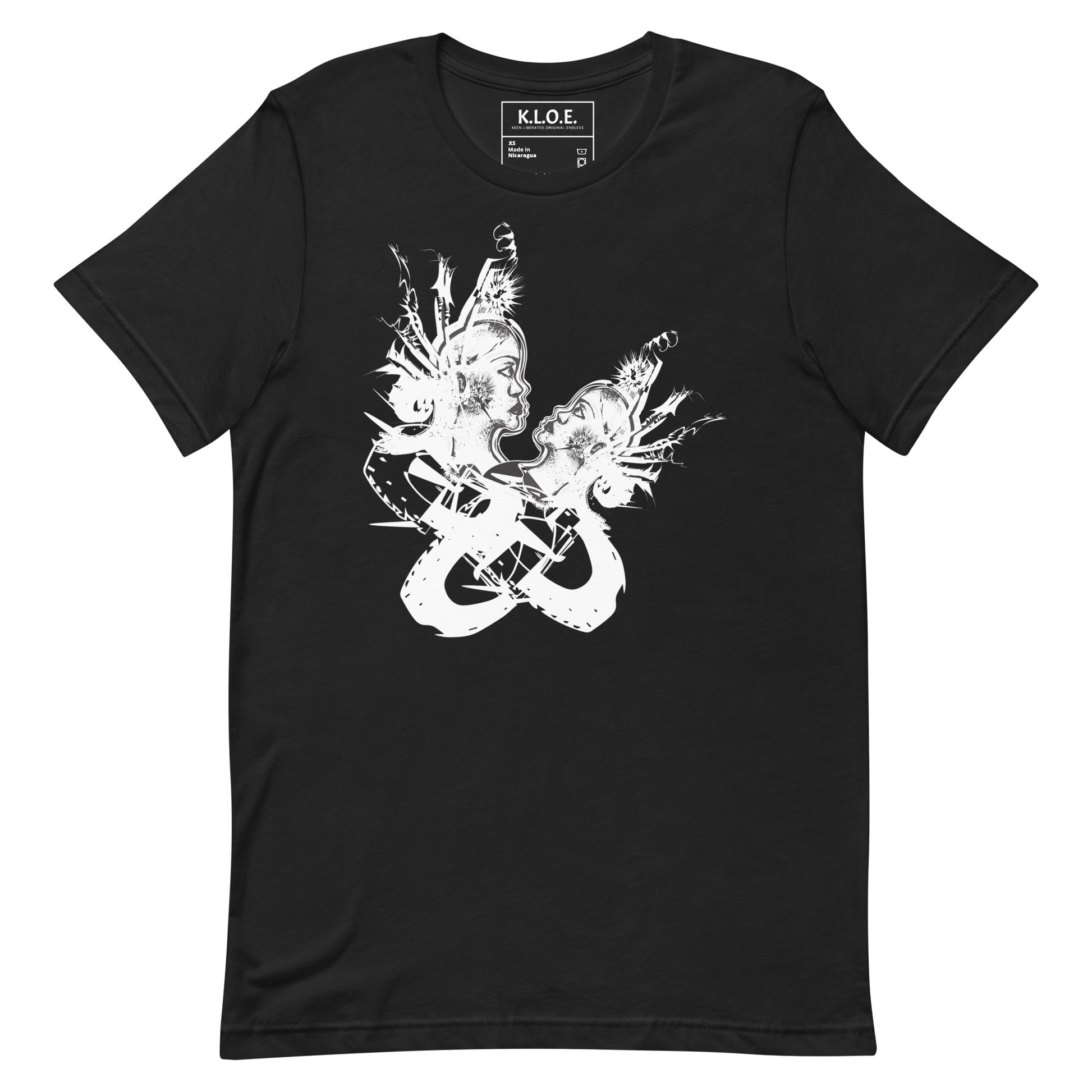 Front view of black unisex K.L.O.E. T-shirt with white abstract hand-drawn illustration of two faces entwined in symbolic shapes, reflecting cultural inspiration and artistic individuality.