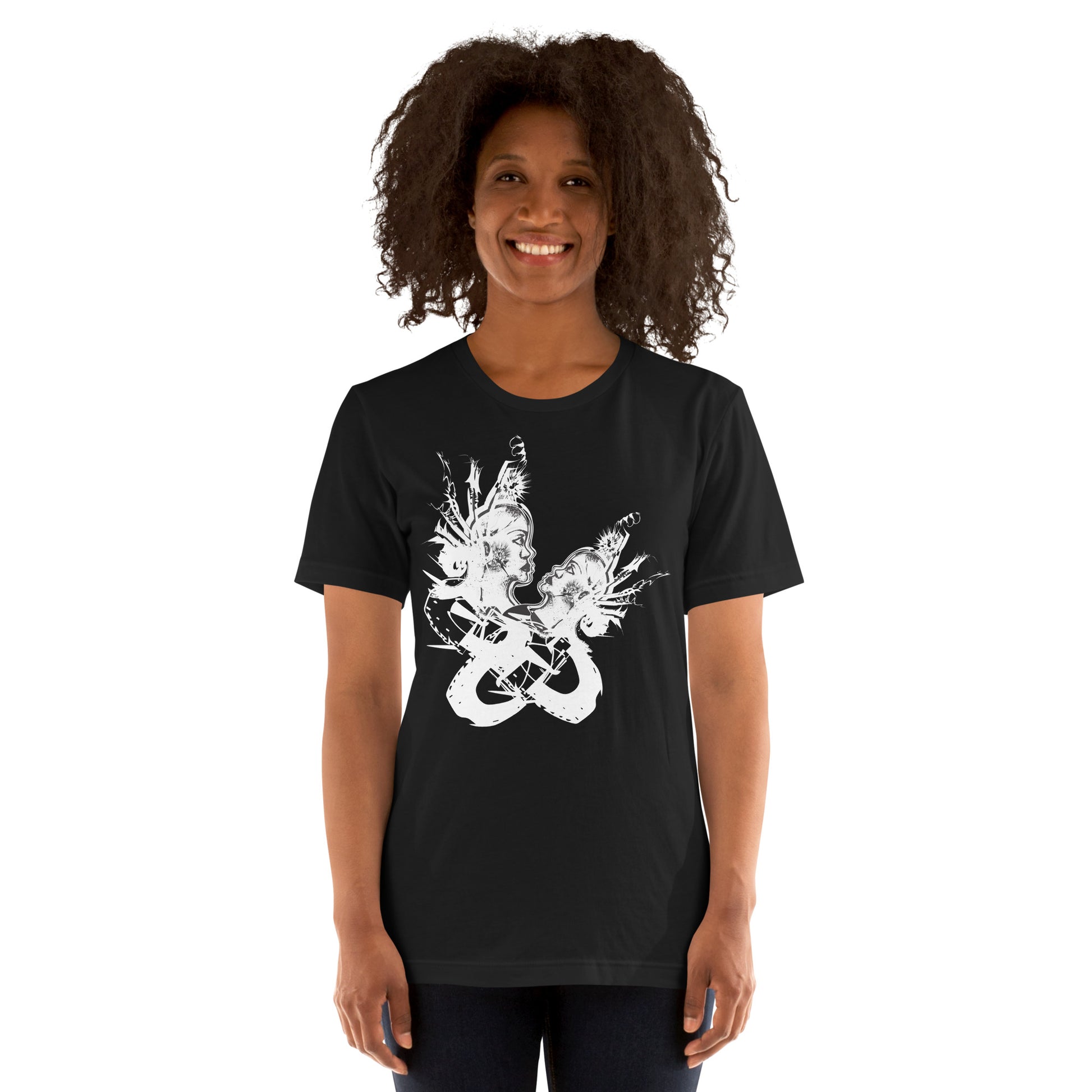 Front view of black unisex K.L.O.E. T-shirt with white abstract hand-drawn illustration of two faces entwined in symbolic shapes, reflecting cultural inspiration and artistic individuality, on a model.