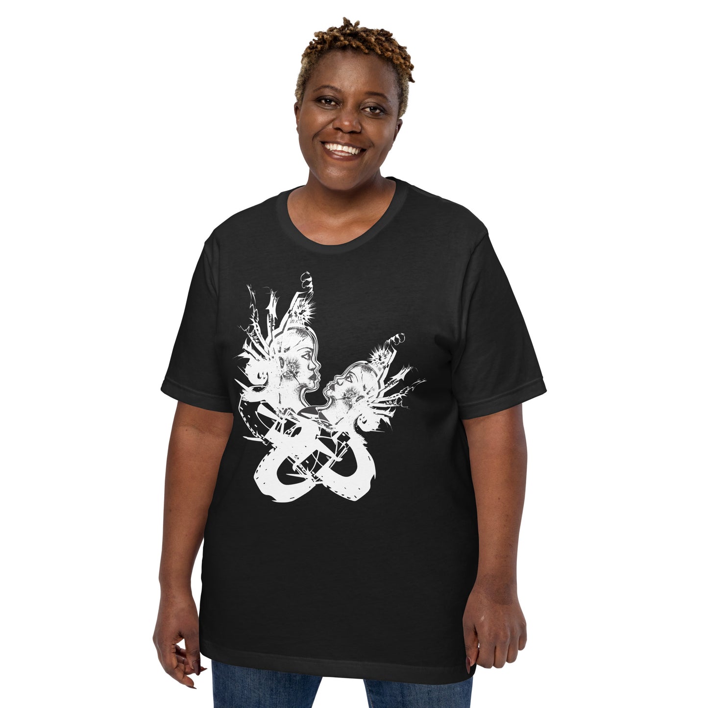 Front view of black unisex K.L.O.E. T-shirt with white abstract hand-drawn illustration of two faces entwined in symbolic shapes, reflecting cultural inspiration and artistic individuality, on a model.