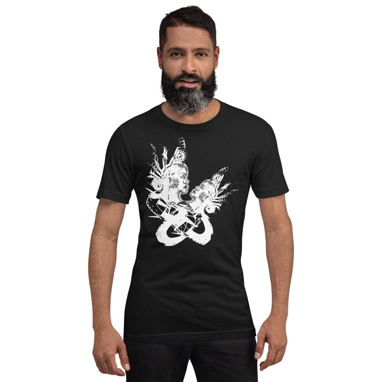 Front view of black unisex K.L.O.E. T-shirt with white abstract hand-drawn illustration of two faces entwined in symbolic shapes, reflecting cultural inspiration and artistic individuality, on a model.