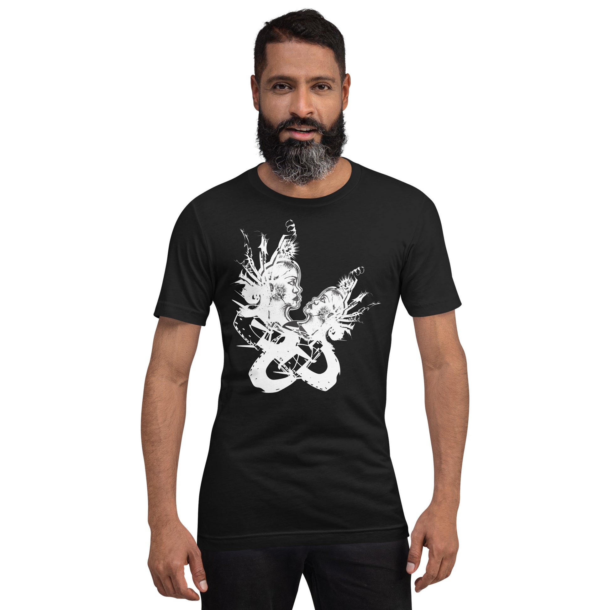 Front view of black unisex K.L.O.E. T-shirt with white abstract hand-drawn illustration of two faces entwined in symbolic shapes, reflecting cultural inspiration and artistic individuality, on a model.