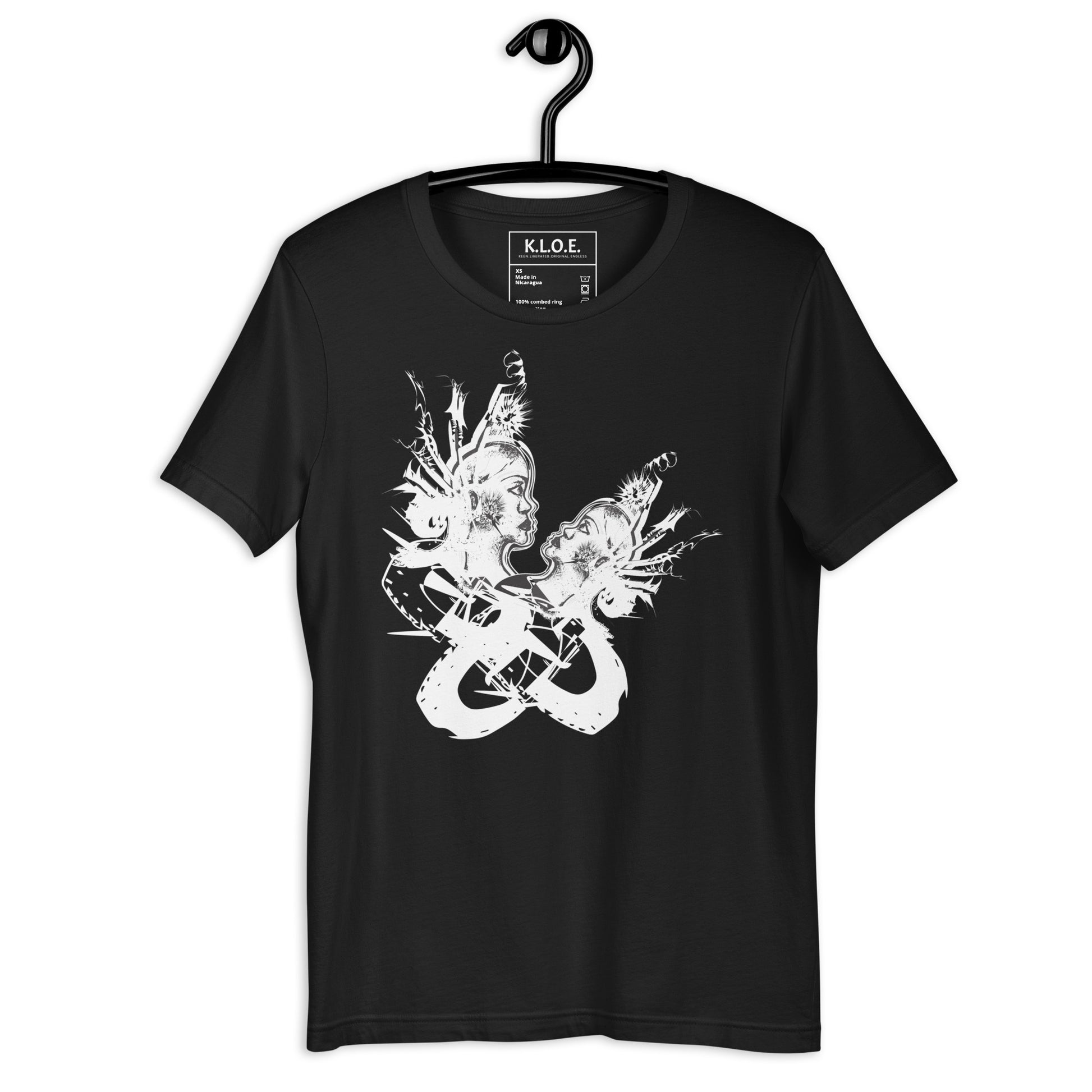 Front view of black unisex K.L.O.E. T-shirt with white abstract hand-drawn illustration of two faces entwined in symbolic shapes, reflecting cultural inspiration and artistic individuality, on a hanger.