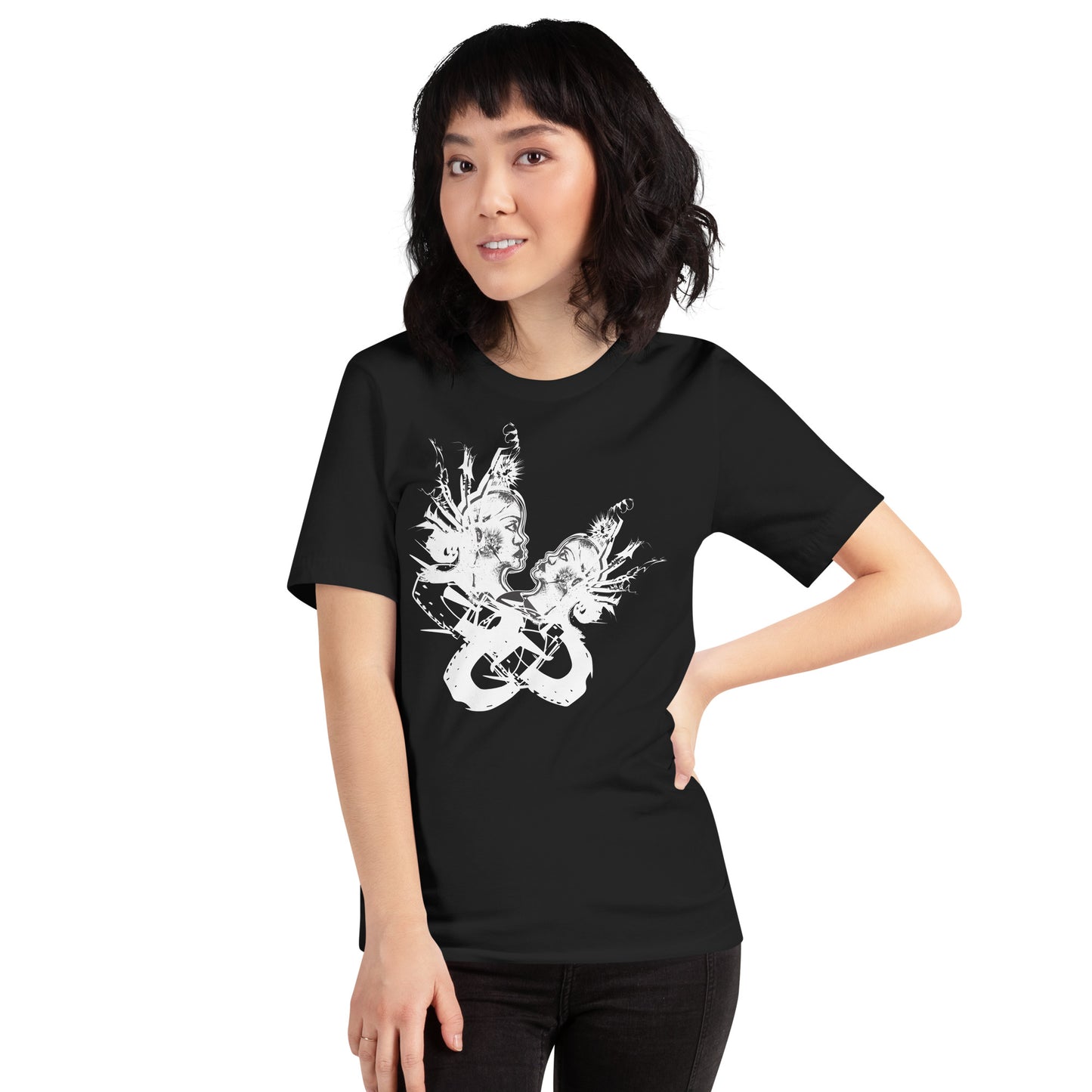 Front view of black unisex K.L.O.E. T-shirt with white abstract hand-drawn illustration of two faces entwined in symbolic shapes, reflecting cultural inspiration and artistic individuality, on a model.