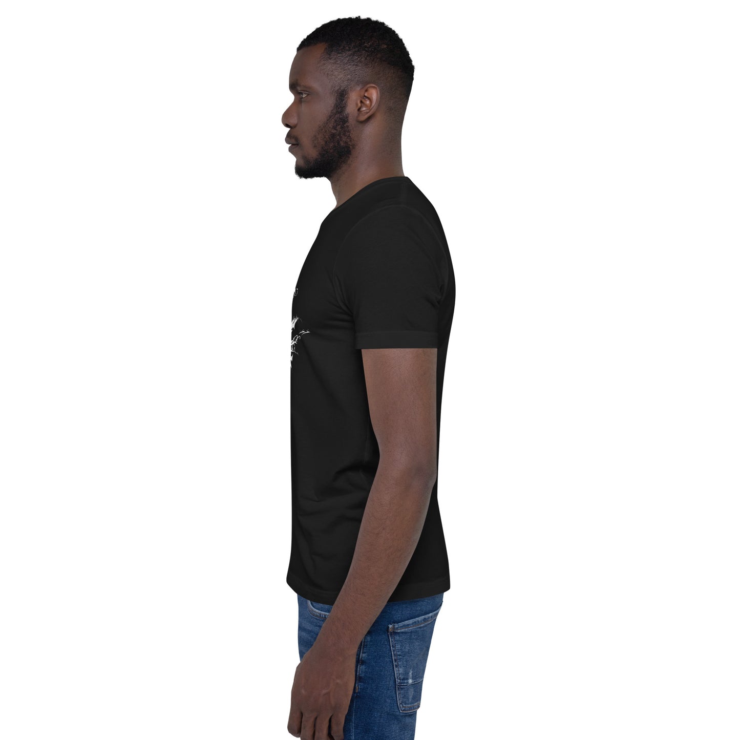 Side view of black unisex K.L.O.E. T-shirt with white abstract hand-drawn illustration.
