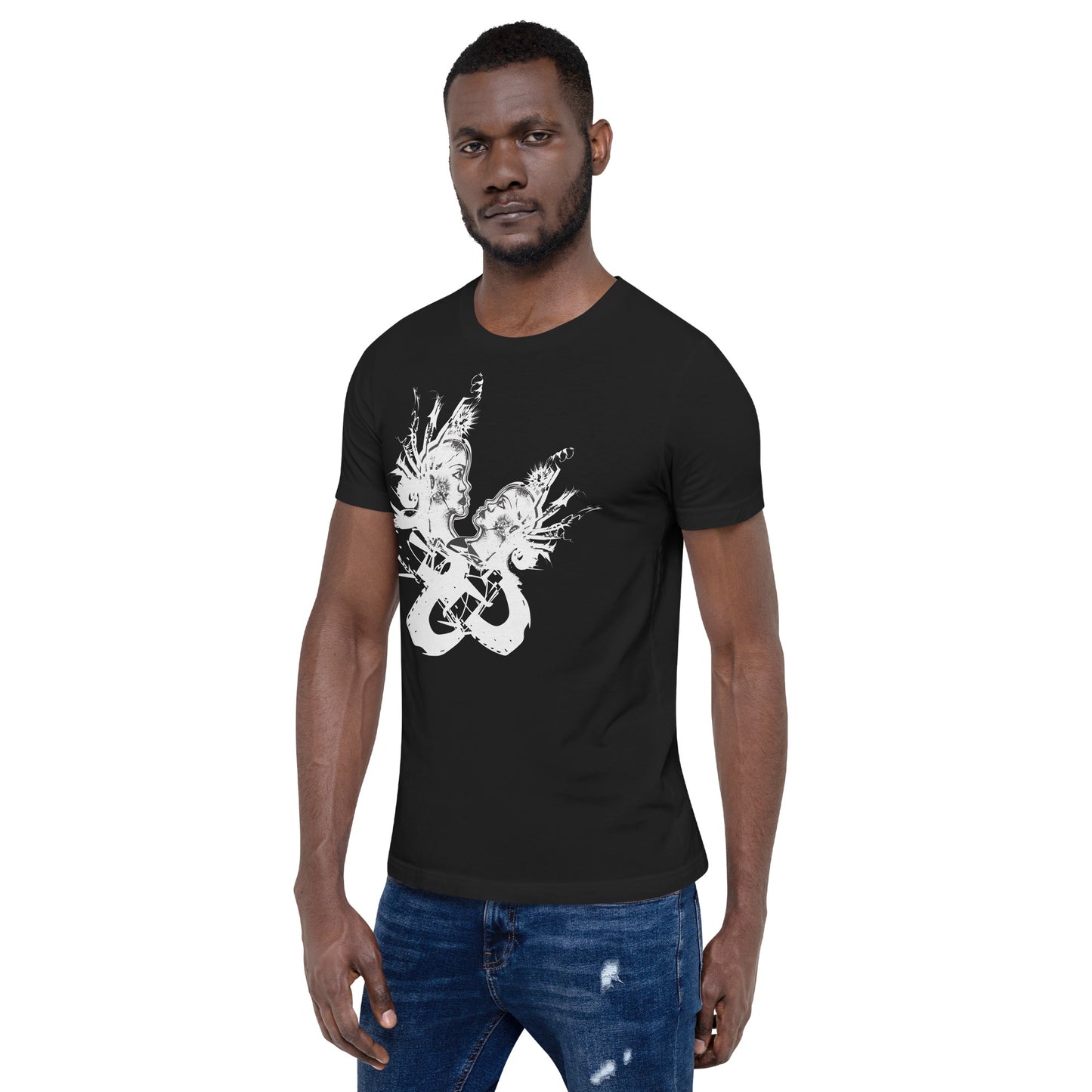 Front view of black unisex K.L.O.E. T-shirt with white abstract hand-drawn illustration of two faces entwined in symbolic shapes, reflecting cultural inspiration and artistic individuality, on a model.