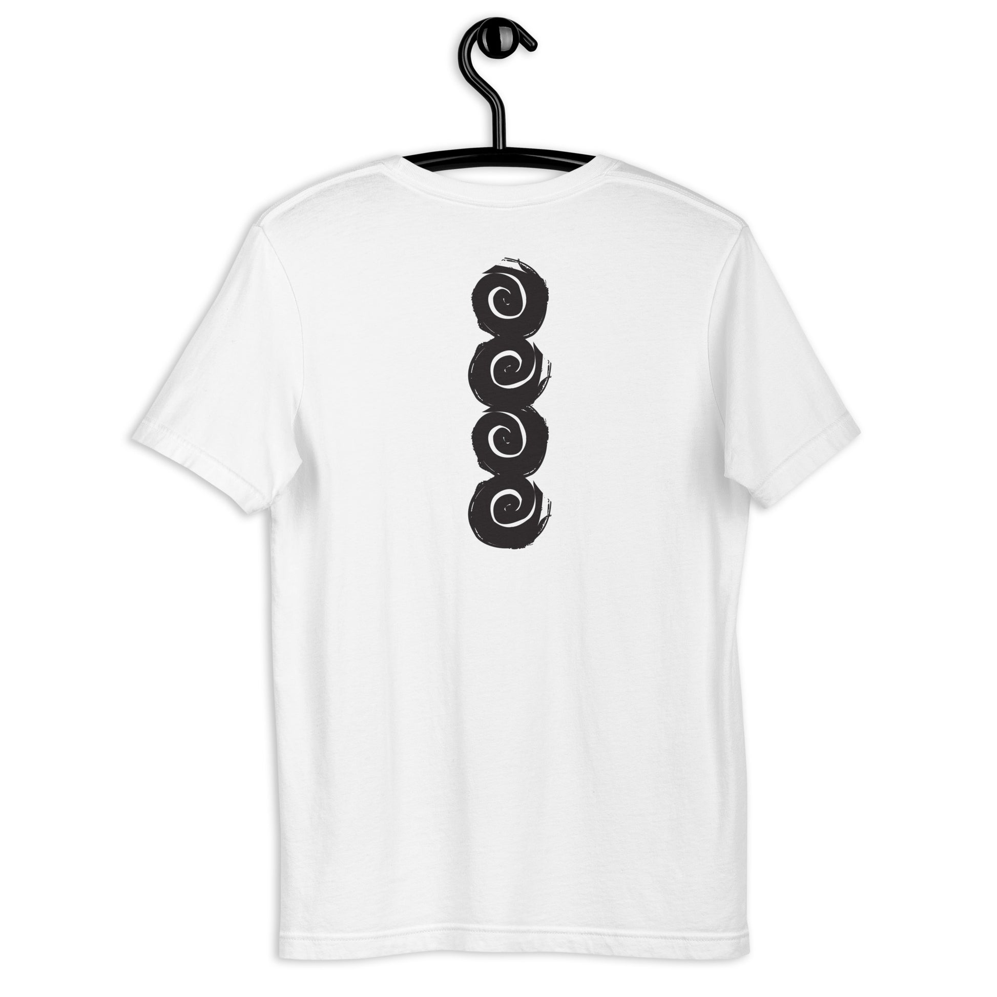 Back of a white t-shirt featuring a vertical row of four bold, black spiral symbols, hand-drawn in an expressive, brushstroke style. This culturally inspired design from K.L.O.E. highlights artisan craftsmanship and modern boho style, perfect for those who seek unique, eco-friendly fashion and artistic self-expression.