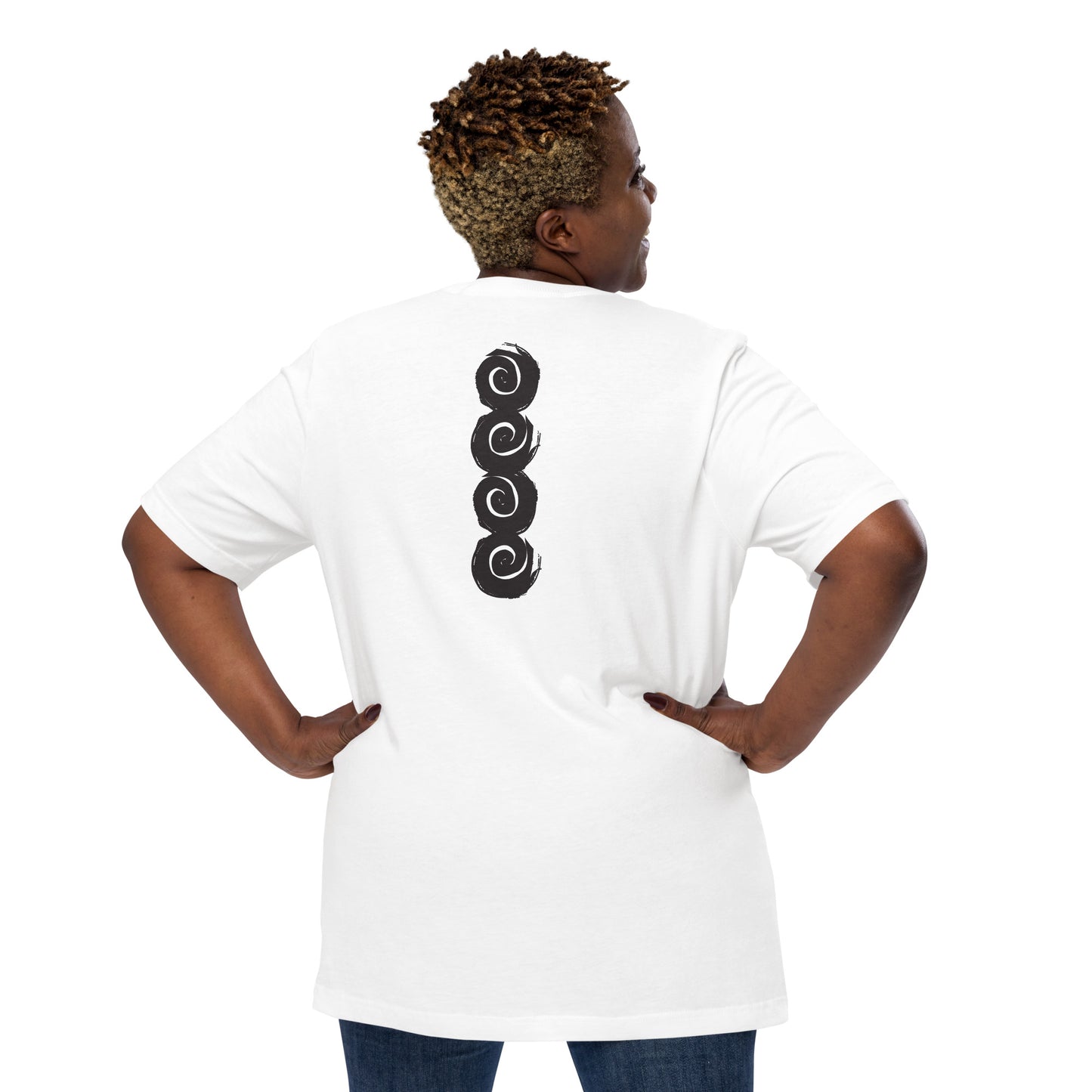 Back of a white t-shirt featuring a vertical row of four bold, black spiral symbols, hand-drawn in an expressive, brushstroke style. This culturally inspired design from K.L.O.E. highlights artisan craftsmanship and modern boho style, perfect for those who seek unique, eco-friendly fashion and artistic self-expression, worn by a plus size model.