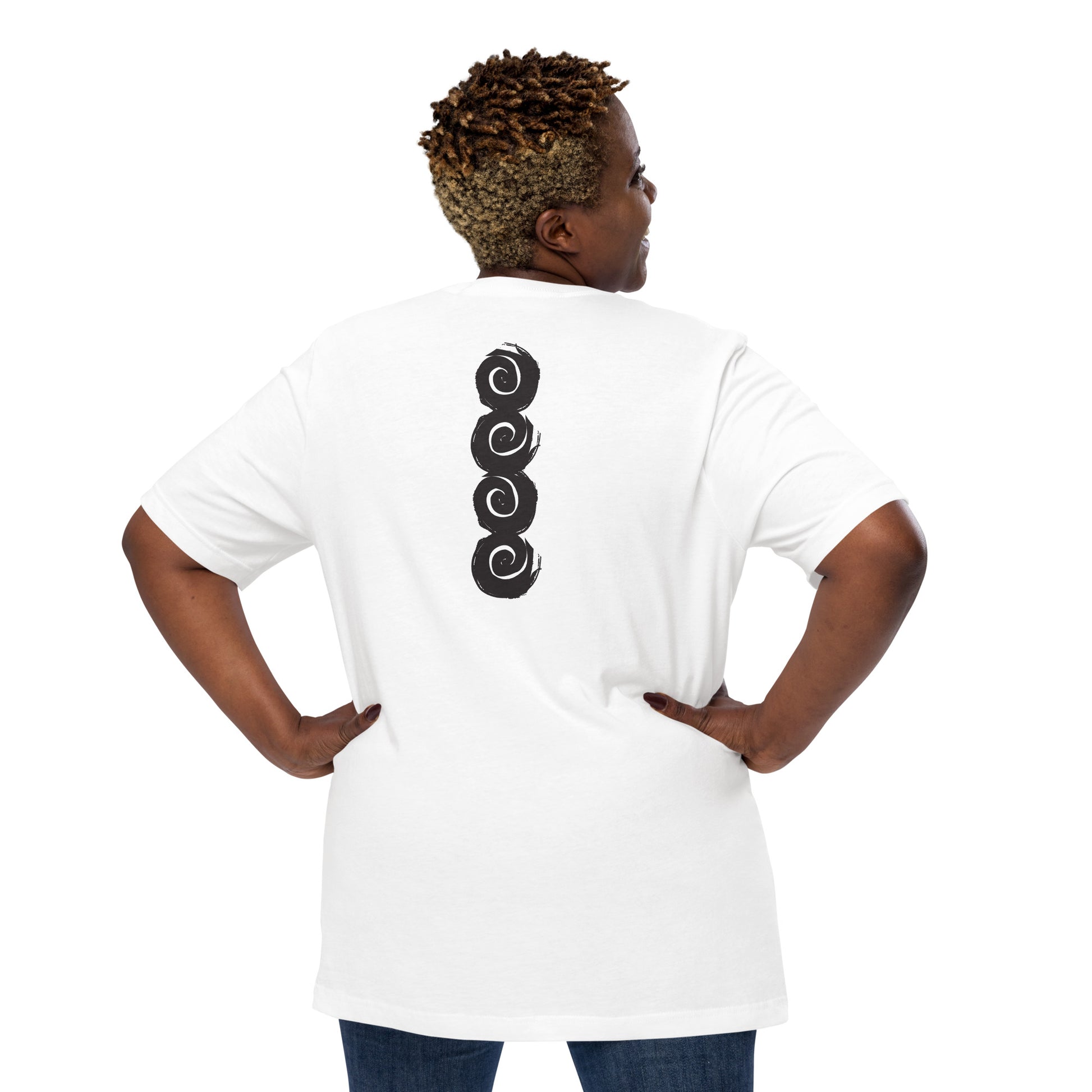 Back of a white t-shirt featuring a vertical row of four bold, black spiral symbols, hand-drawn in an expressive, brushstroke style. This culturally inspired design from K.L.O.E. highlights artisan craftsmanship and modern boho style, perfect for those who seek unique, eco-friendly fashion and artistic self-expression, worn by a plus size model.