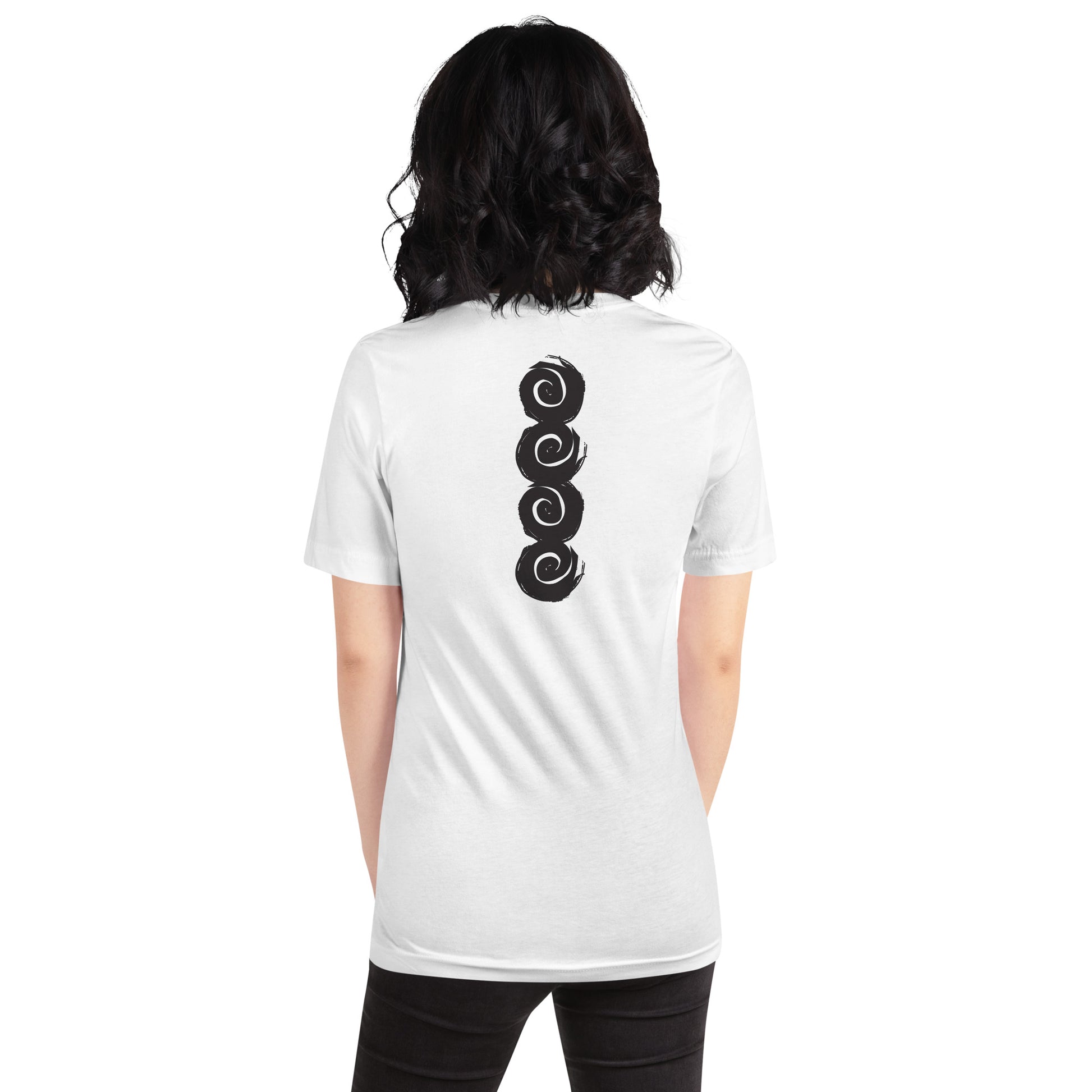 Back of a white t-shirt featuring a vertical row of four bold, black spiral symbols, hand-drawn in an expressive, brushstroke style. This culturally inspired design from K.L.O.E. highlights artisan craftsmanship and modern boho style, perfect for those who seek unique, eco-friendly fashion and artistic self-expression, worn by a model.