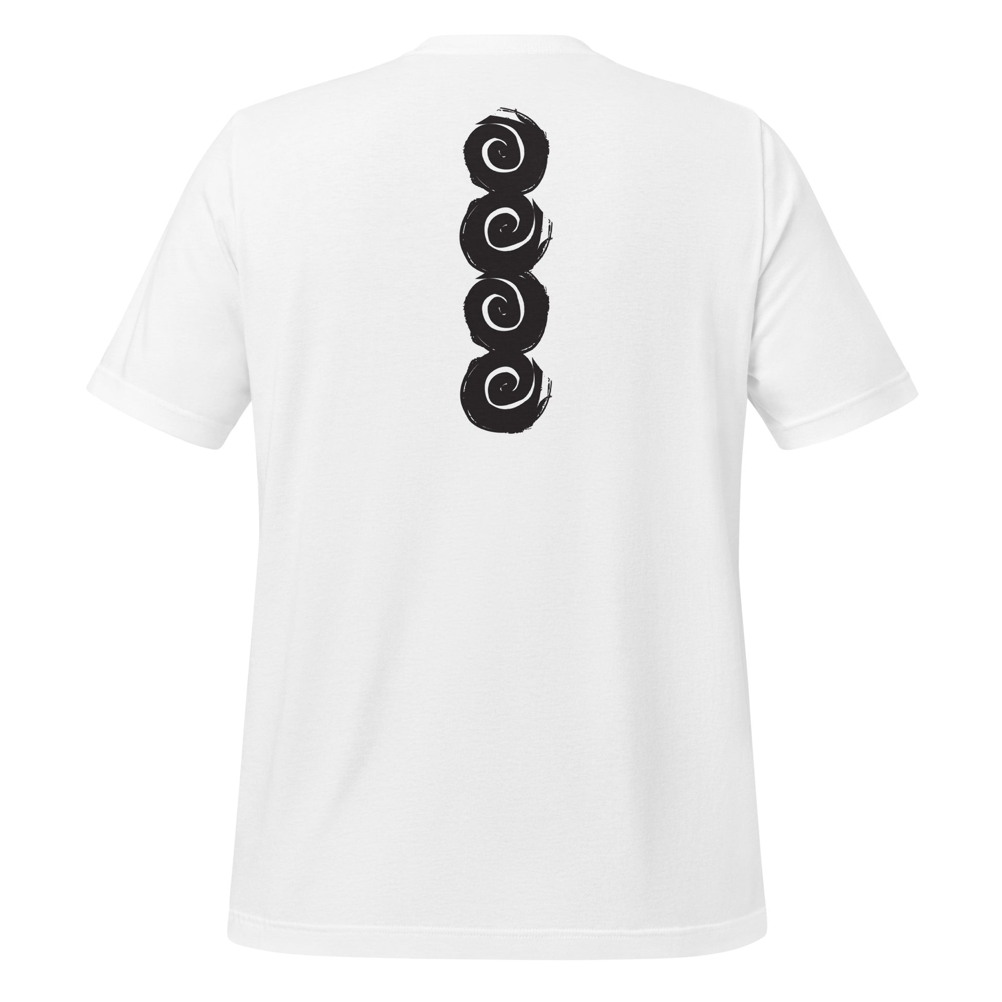 Back of a white t-shirt featuring a vertical row of four bold, black spiral symbols, hand-drawn in an expressive, brushstroke style. This culturally inspired design from K.L.O.E. highlights artisan craftsmanship and modern boho style, perfect for those who seek unique, eco-friendly fashion and artistic self-expression.
