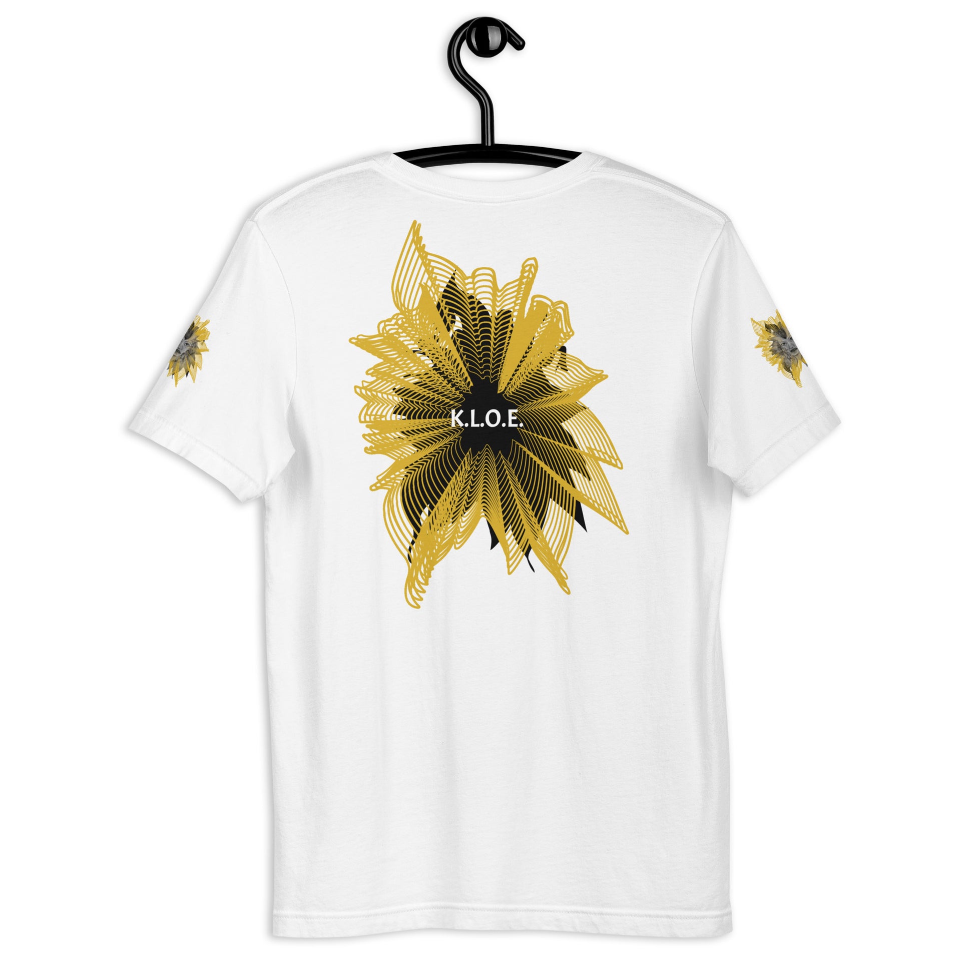 Back view of a white K.L.O.E. T-shirt showcasing a bold hand-drawn golden abstract sunburst design with black accents and the K.L.O.E. logo—an artistic and empowering piece of culturally inspired, handcrafted fashion that blends modern boho style with expressive apparel, celebrating individuality and self-expression, on a hanger.
