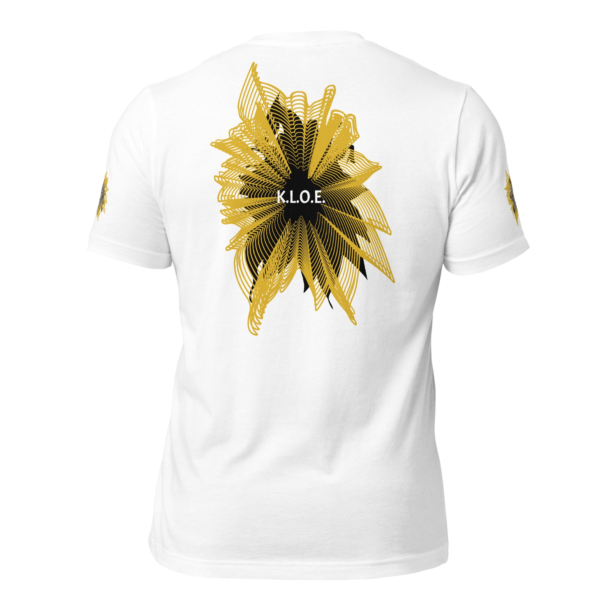Back view of a white K.L.O.E. T-shirt showcasing a bold hand-drawn golden abstract sunburst design with black accents and the K.L.O.E. logo—an artistic and empowering piece of culturally inspired, handcrafted fashion that blends modern boho style with expressive apparel, celebrating individuality and self-expression.