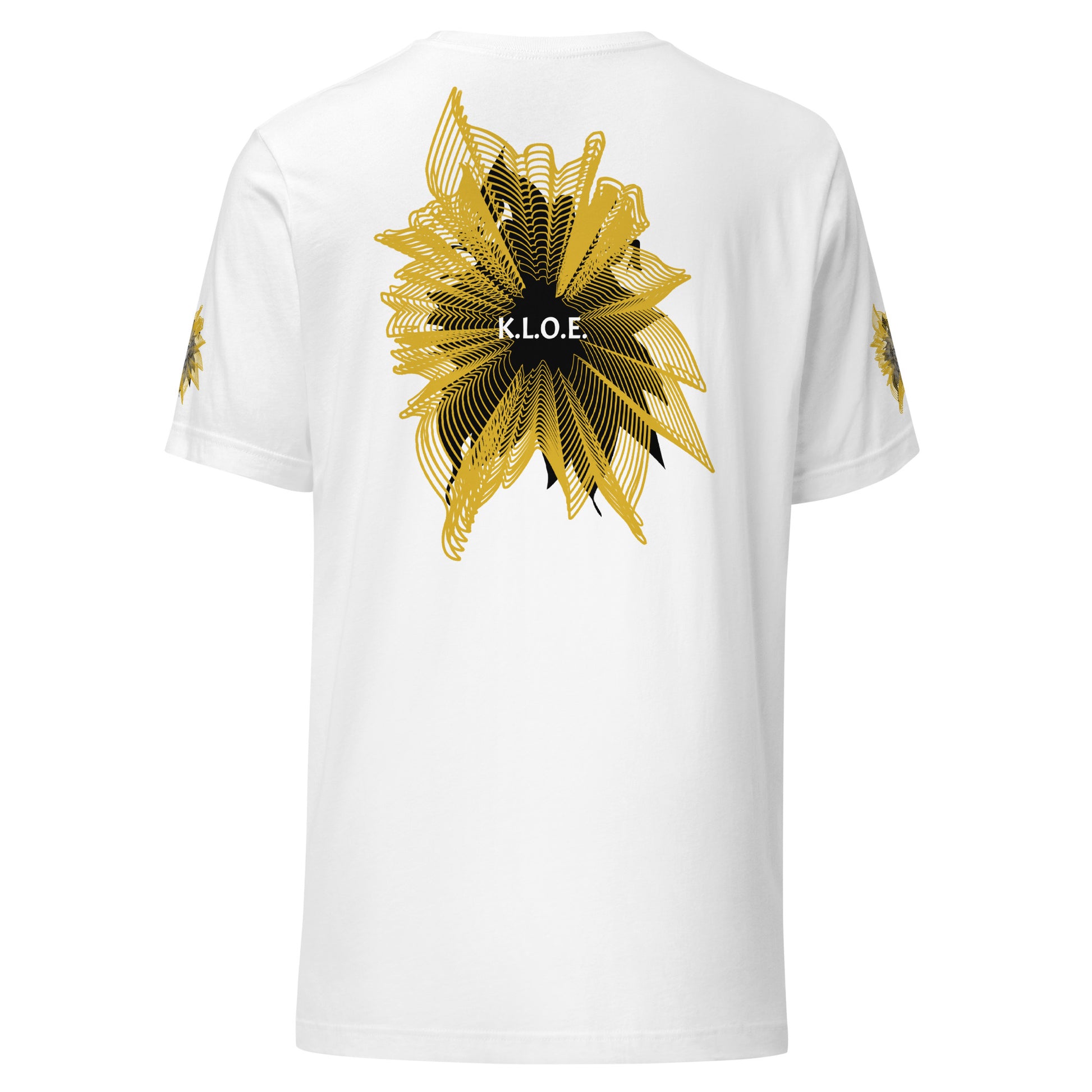 Back view of a white K.L.O.E. T-shirt showcasing a bold hand-drawn golden abstract sunburst design with black accents and the K.L.O.E. logo—an artistic and empowering piece of culturally inspired, handcrafted fashion that blends modern boho style with expressive apparel, celebrating individuality and self-expression.