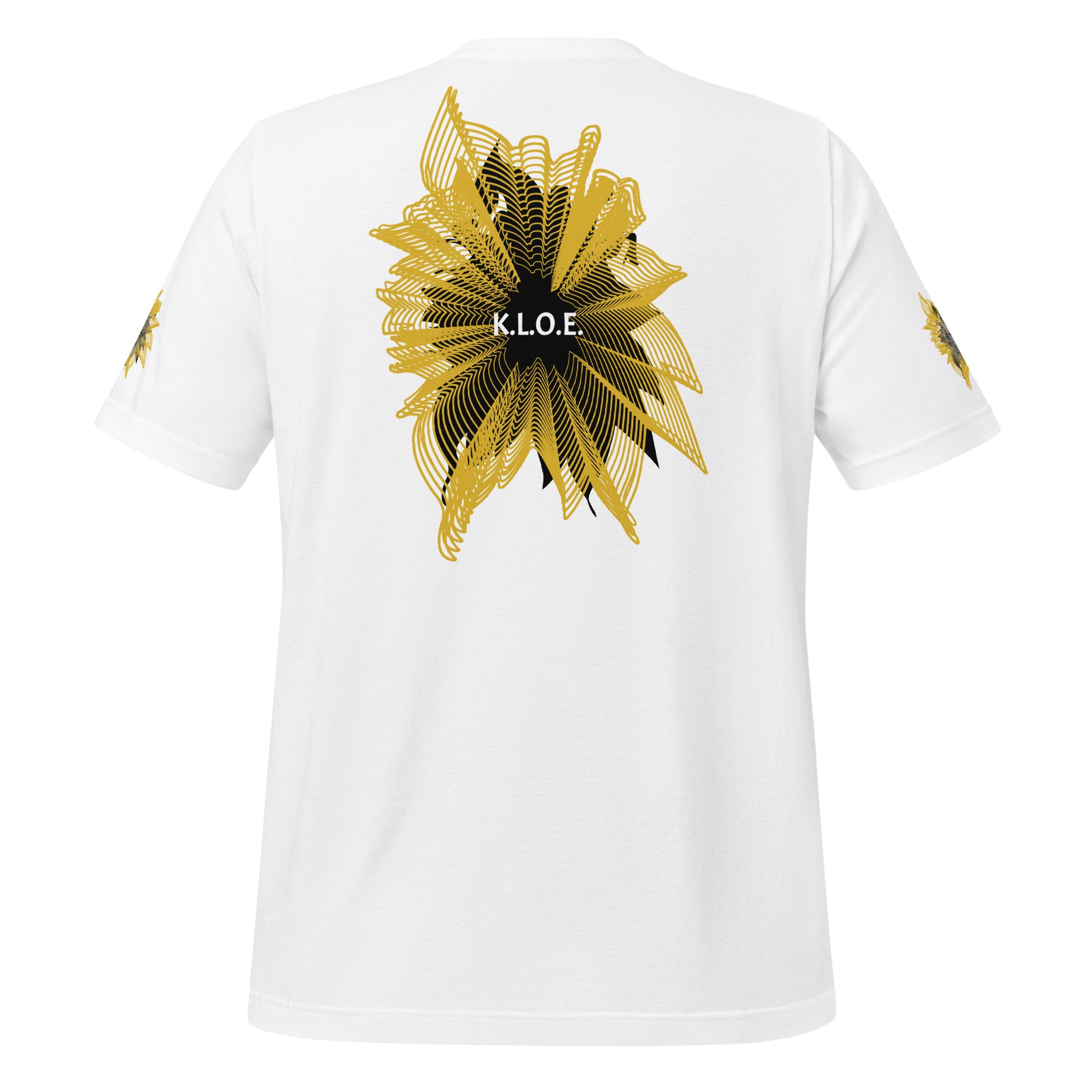 Back view of a white K.L.O.E. T-shirt showcasing a bold hand-drawn golden abstract sunburst design with black accents and the K.L.O.E. logo—an artistic and empowering piece of culturally inspired, handcrafted fashion that blends modern boho style with expressive apparel, celebrating individuality and self-expression.