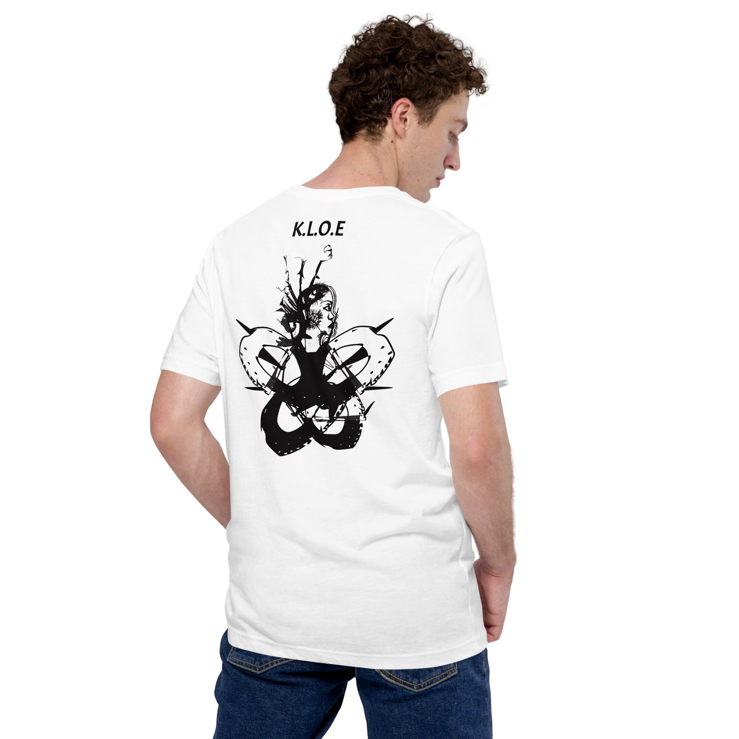 Back view of white unisex K.L.O.E. T-shirt showcasing black hand-drawn abstract face artwork with K.L.O.E. text above, expressing cultural artistry and individuality.