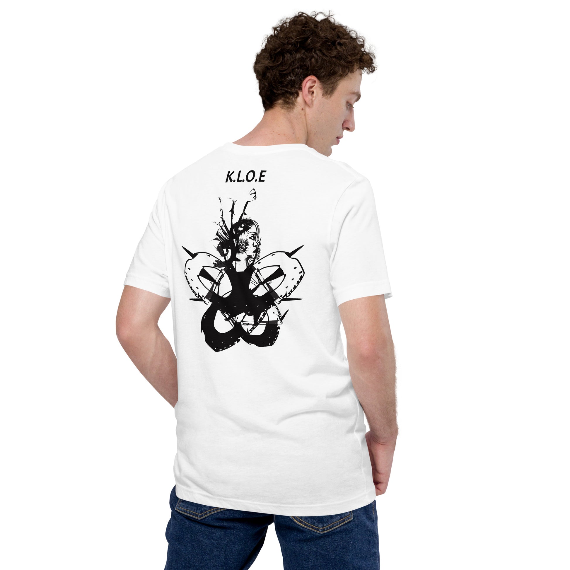 Back view of white unisex K.L.O.E. T-shirt showcasing black hand-drawn abstract face artwork with K.L.O.E. text above, expressing cultural artistry and individuality.