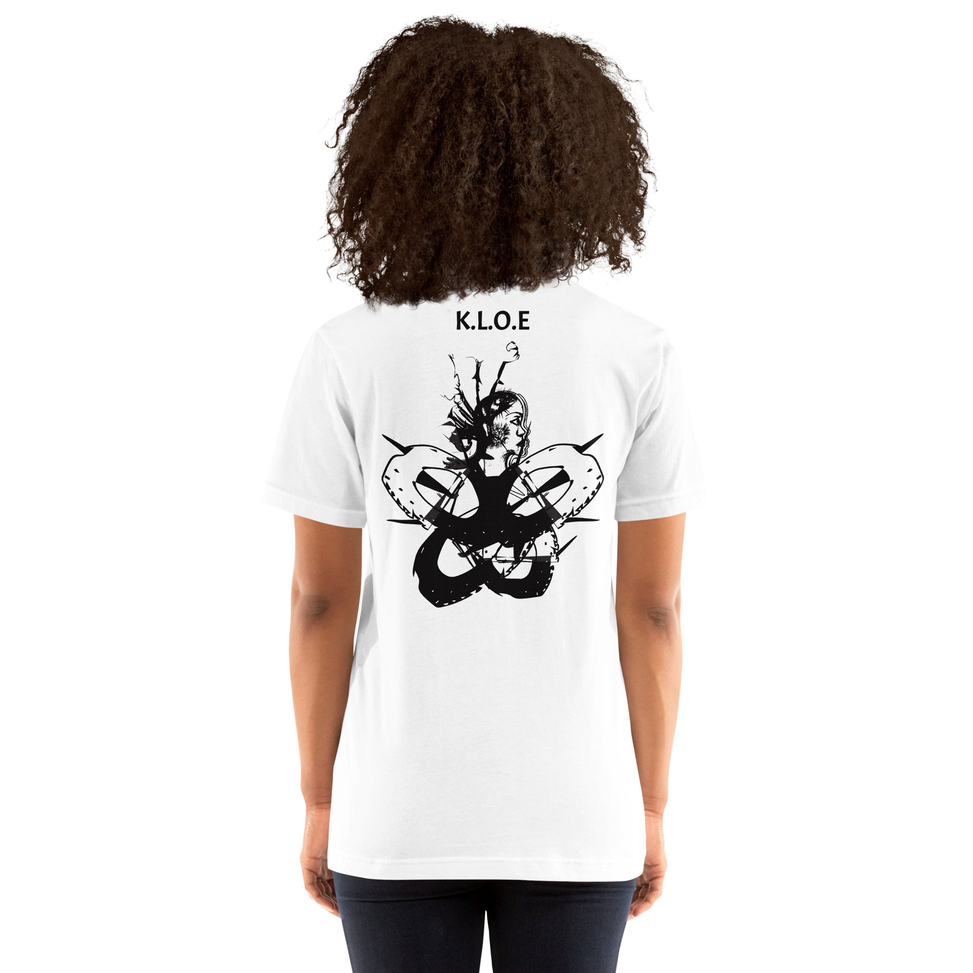 Back view of white unisex K.L.O.E. T-shirt showcasing black hand-drawn abstract face artwork with K.L.O.E. text above, expressing cultural artistry and individuality.