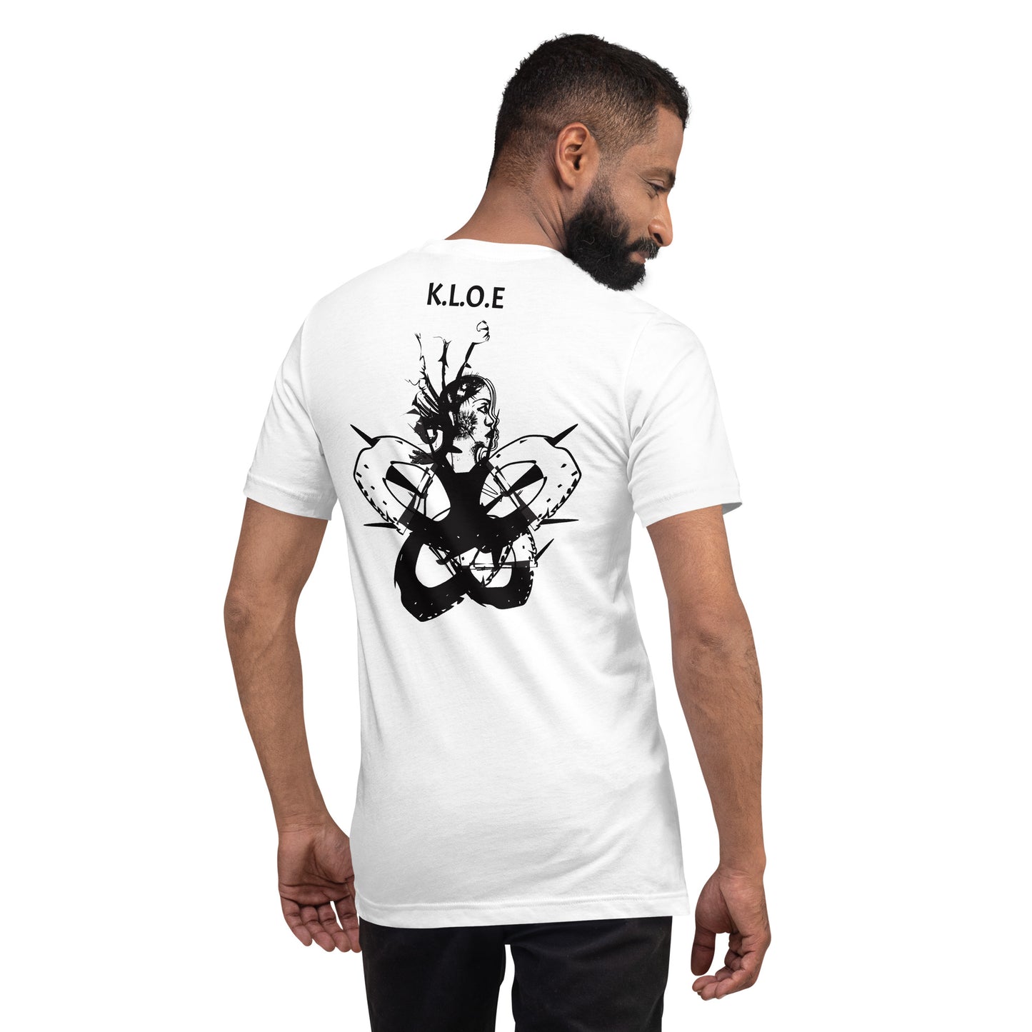 Back view of white unisex K.L.O.E. T-shirt showcasing black hand-drawn abstract face artwork with K.L.O.E. text above, expressing cultural artistry and individuality.