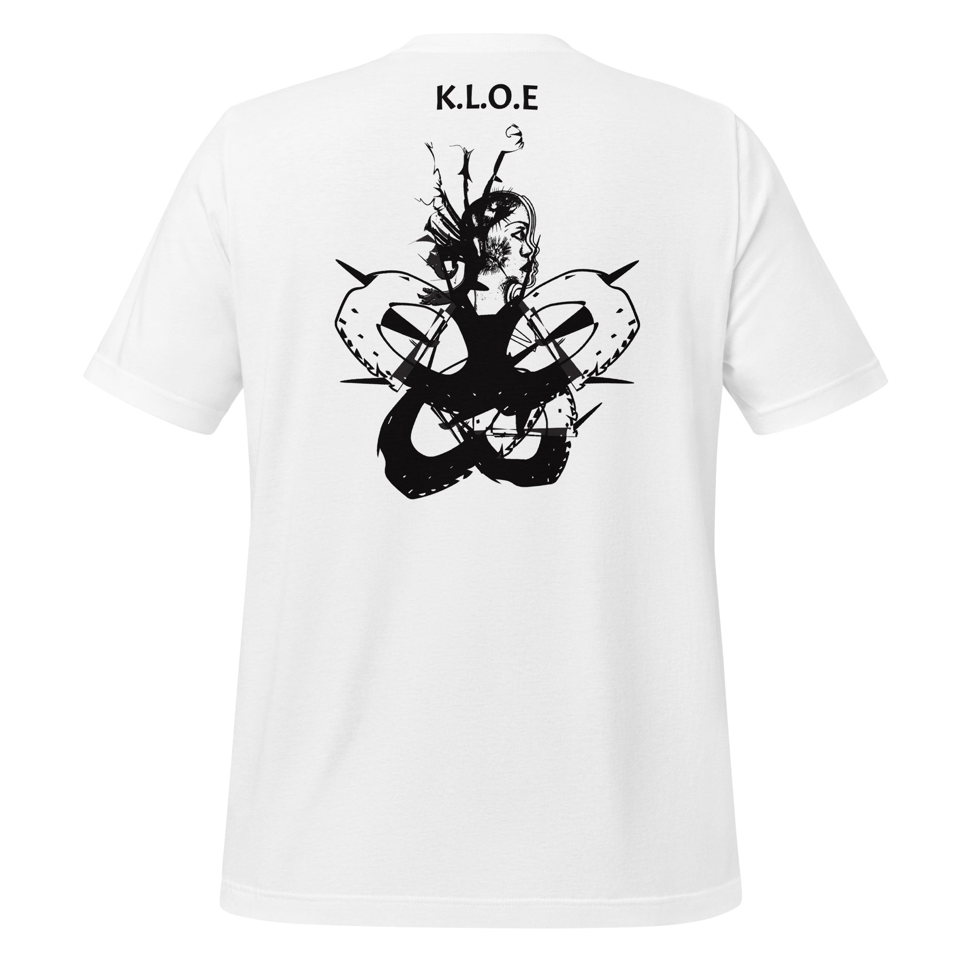 Back view of white unisex K.L.O.E. T-shirt showcasing black hand-drawn abstract face artwork with K.L.O.E. text above, expressing cultural artistry and individuality.