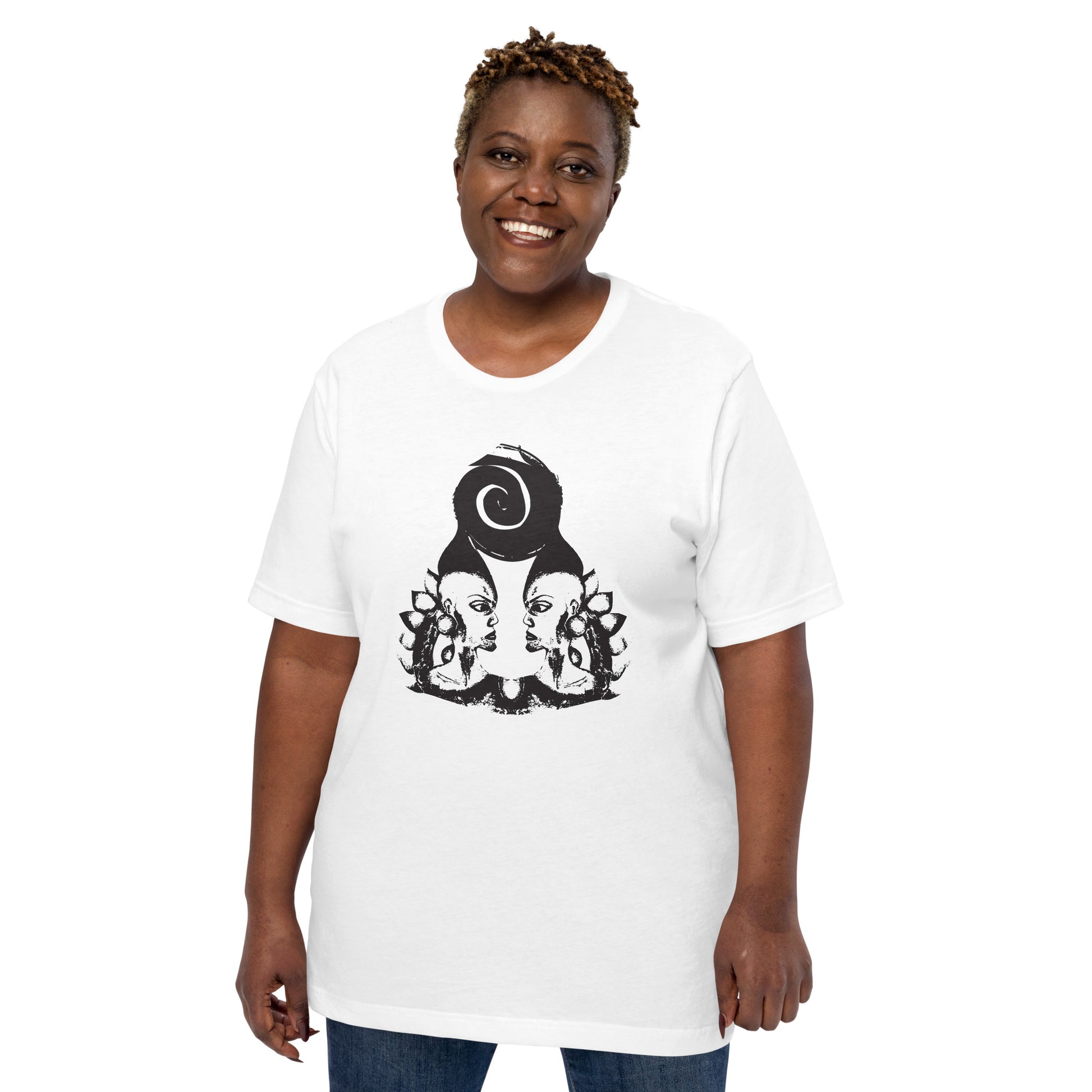 A model wearing white t-shirt, on a hanger, featuring wearable illustrations with an art-inspired black design of mirrored female faces and a bold central spiral symbol, celebrating expressive fashion and individuality – unique clothing by K.L.O.E.