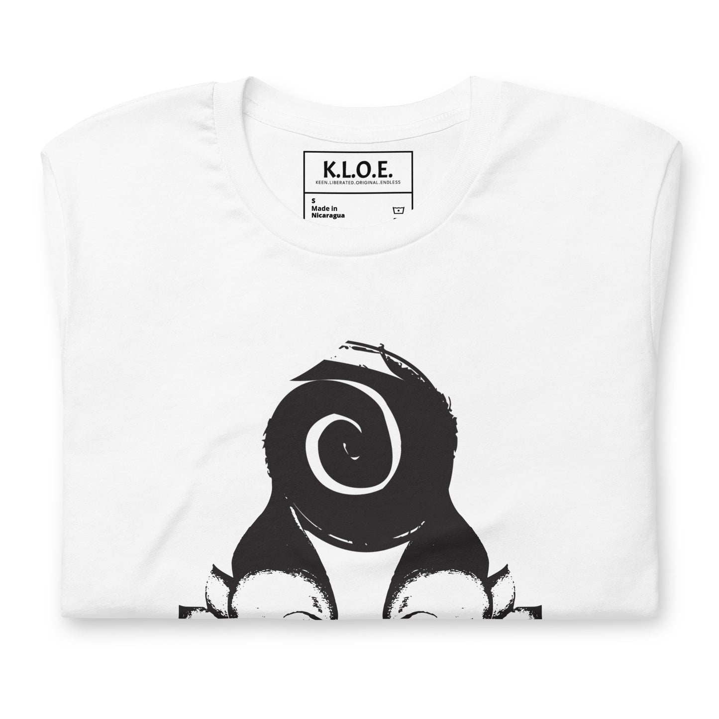 A model wearing white t-shirt, on a hanger, featuring wearable illustrations with an art-inspired black design of mirrored female faces and a bold central spiral symbol, celebrating expressive fashion and individuality – unique clothing by K.L.O.E., detail view showing the inside label.