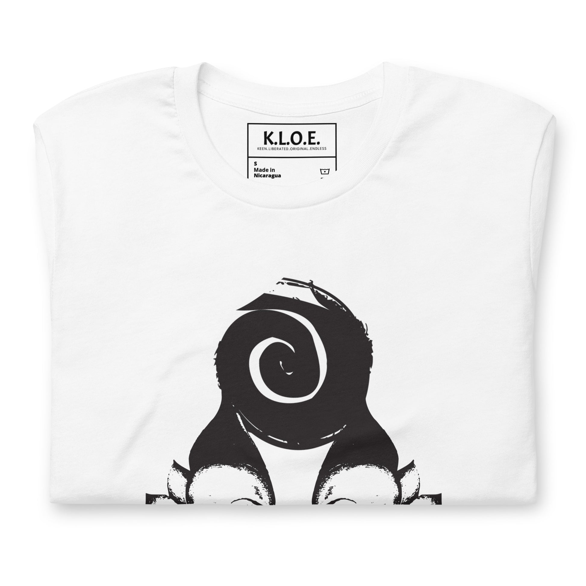 A model wearing white t-shirt, on a hanger, featuring wearable illustrations with an art-inspired black design of mirrored female faces and a bold central spiral symbol, celebrating expressive fashion and individuality – unique clothing by K.L.O.E., detail view showing the inside label.
