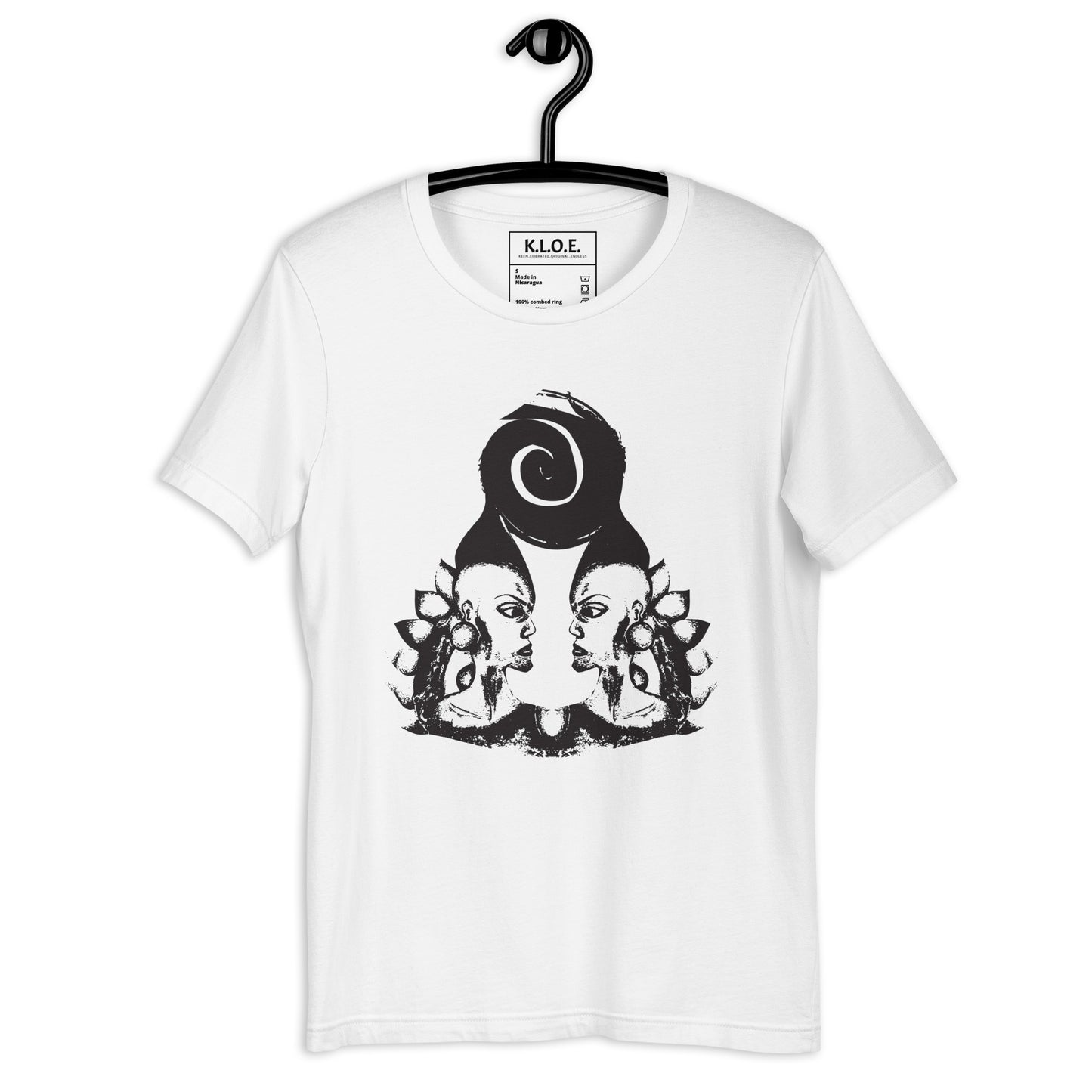 White t-shirt, on a hanger, featuring wearable illustrations with an art-inspired black design of mirrored female faces and a bold central spiral symbol, celebrating expressive fashion and individuality – unique clothing by K.L.O.E.