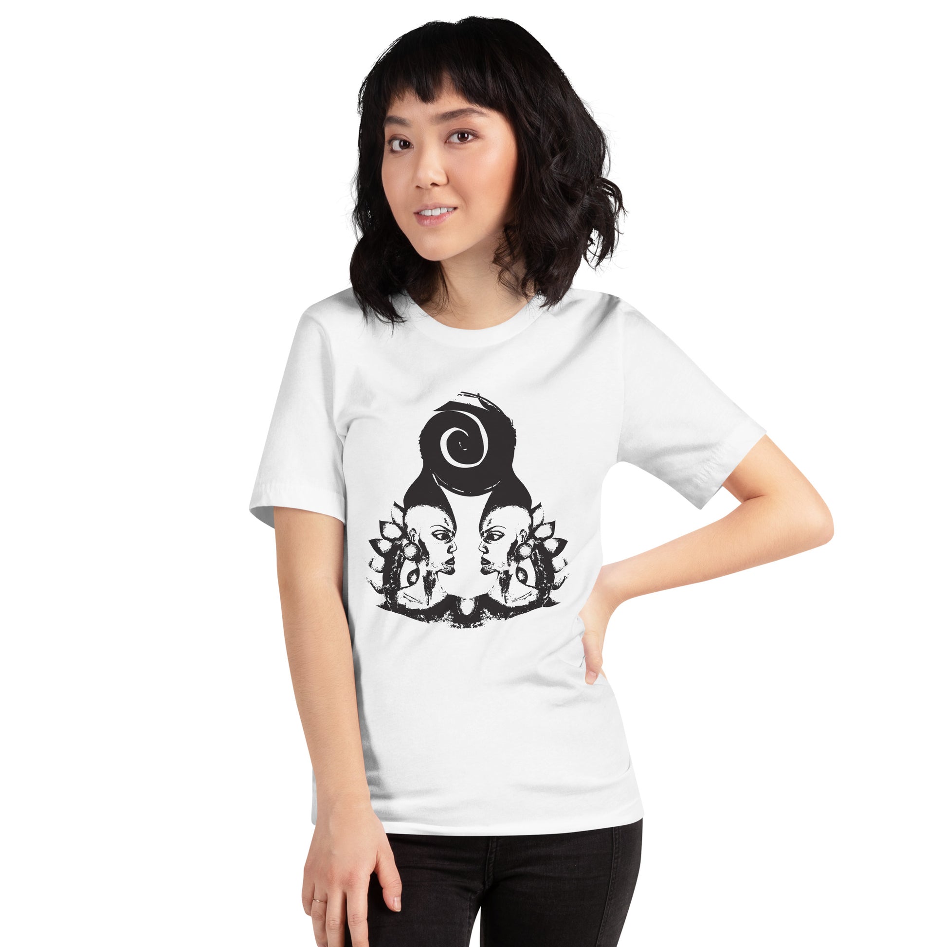 A model wearing white t-shirt featuring wearable illustrations with an art-inspired black design of mirrored female faces and a bold central spiral symbol, celebrating expressive fashion and individuality – unique clothing by K.L.O.E.