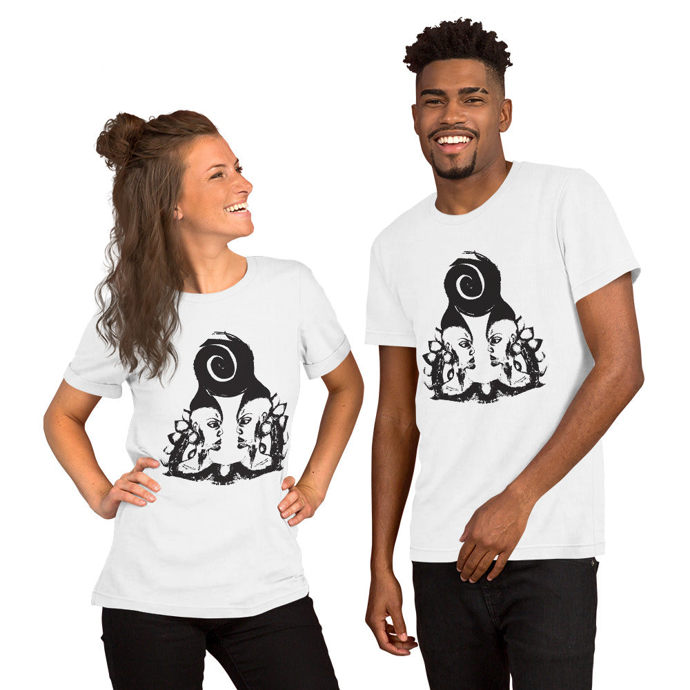 A couple wearing white t-shirt, featuring wearable illustrations with an art-inspired black design of mirrored female faces and a bold central spiral symbol, celebrating expressive fashion and individuality – unique clothing by K.L.O.E.