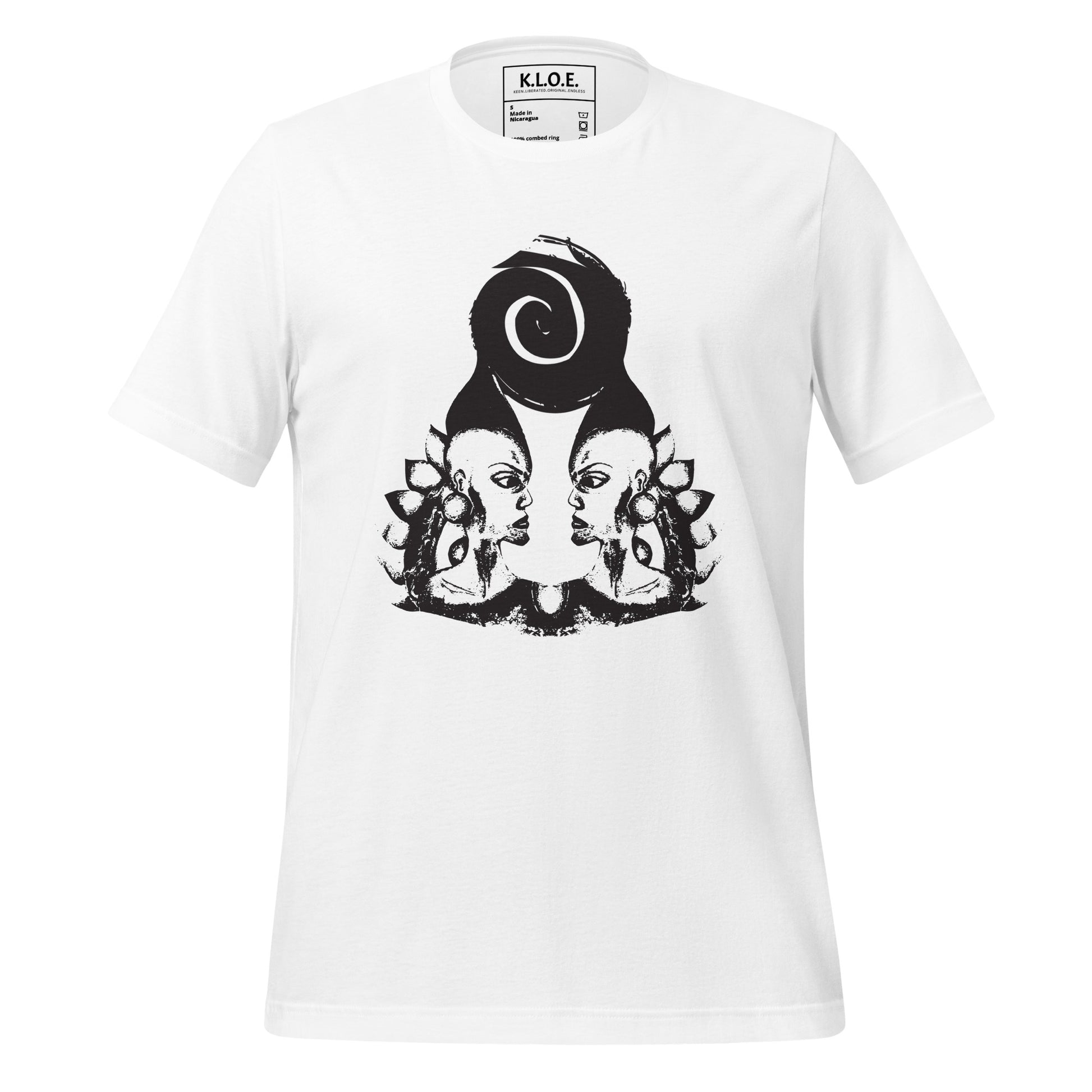 White t-shirt featuring wearable illustrations with an art-inspired black design of mirrored female faces and a bold central spiral symbol, celebrating expressive fashion and individuality – unique clothing by K.L.O.E.