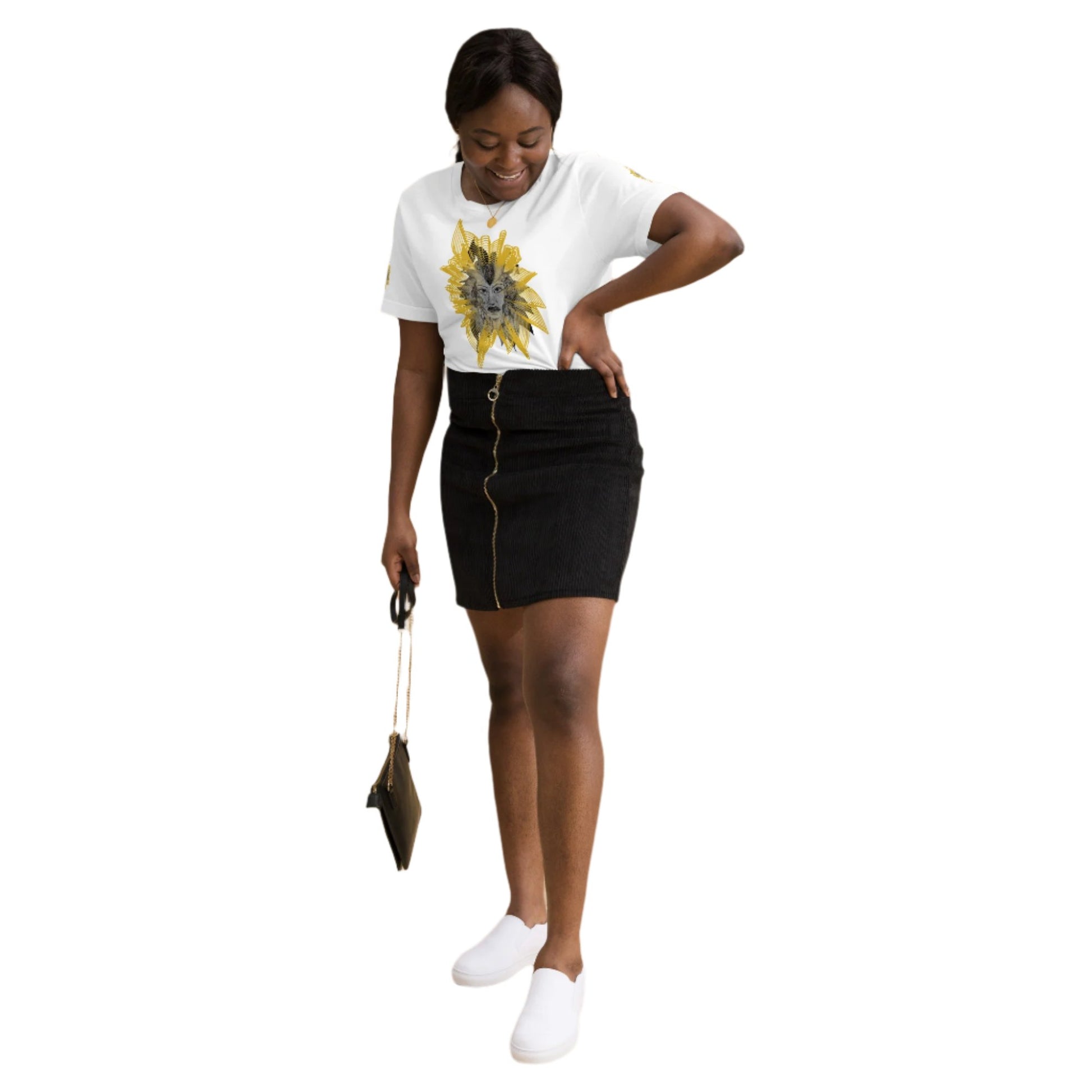 Front view of a white K.L.O.E. T-shirt featuring a striking hand-drawn face design surrounded by radiant golden abstract patterns—an artistic and empowering piece of handcrafted fashion, blending bohemian style clothing with contemporary fashion for bold self-expression and individuality, on a model.