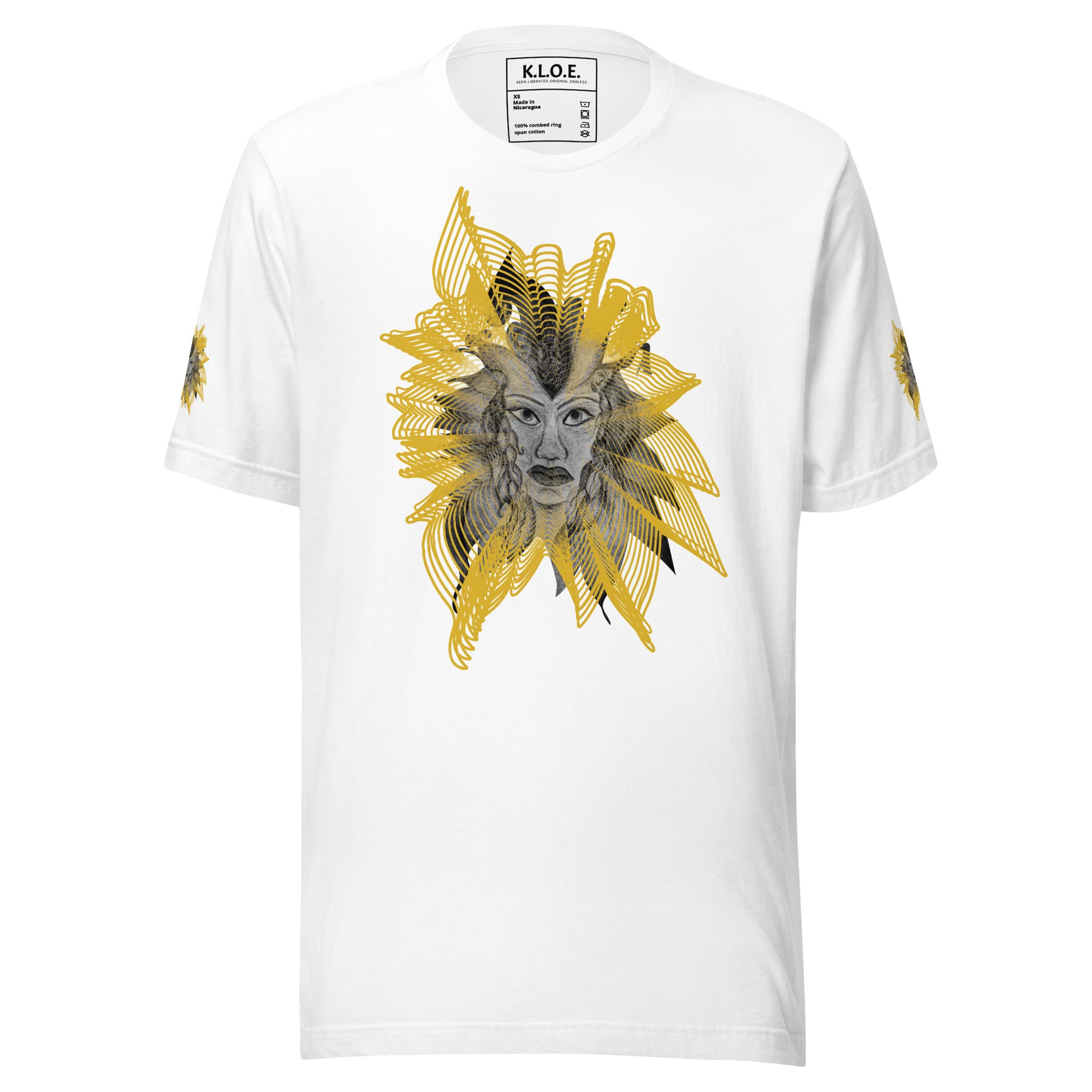 Front view of a white K.L.O.E. T-shirt featuring a striking hand-drawn face design surrounded by radiant golden abstract patterns—an artistic and empowering piece of handcrafted fashion, blending bohemian style clothing with contemporary fashion for bold self-expression and individuality.
