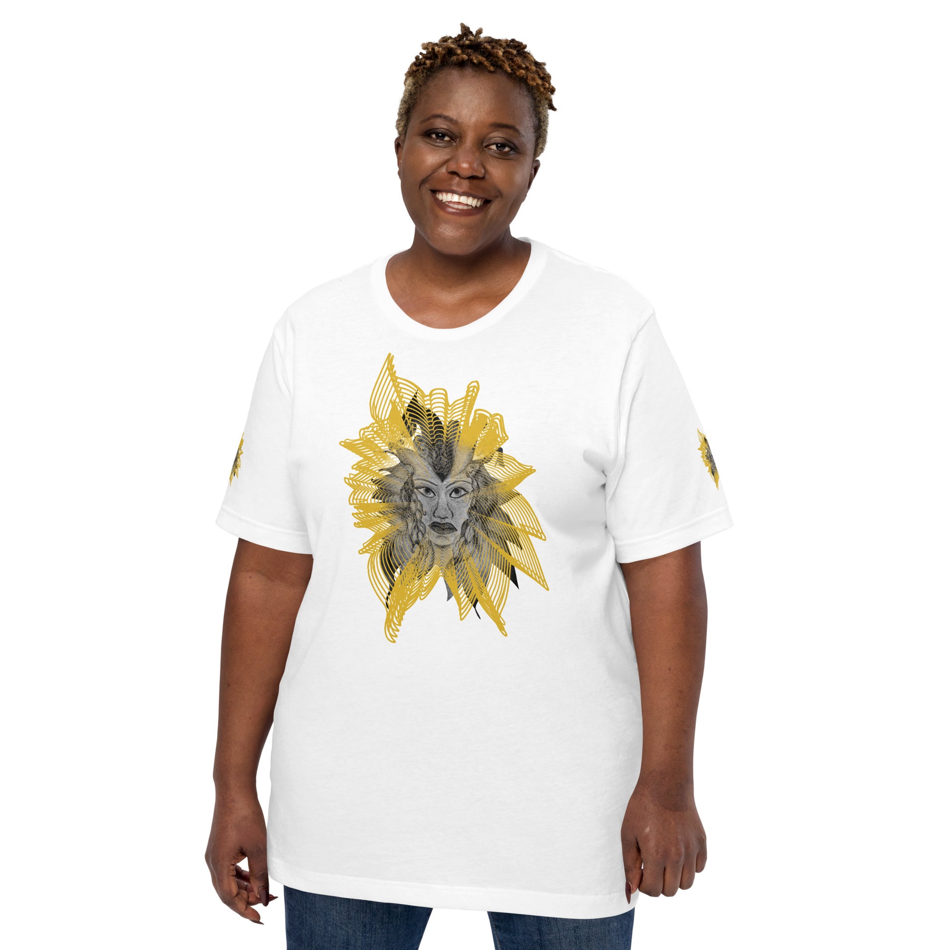 Front view of a white K.L.O.E. T-shirt featuring a striking hand-drawn face design surrounded by radiant golden abstract patterns—an artistic and empowering piece of handcrafted fashion, blending bohemian style clothing with contemporary fashion for bold self-expression and individuality, on a model.