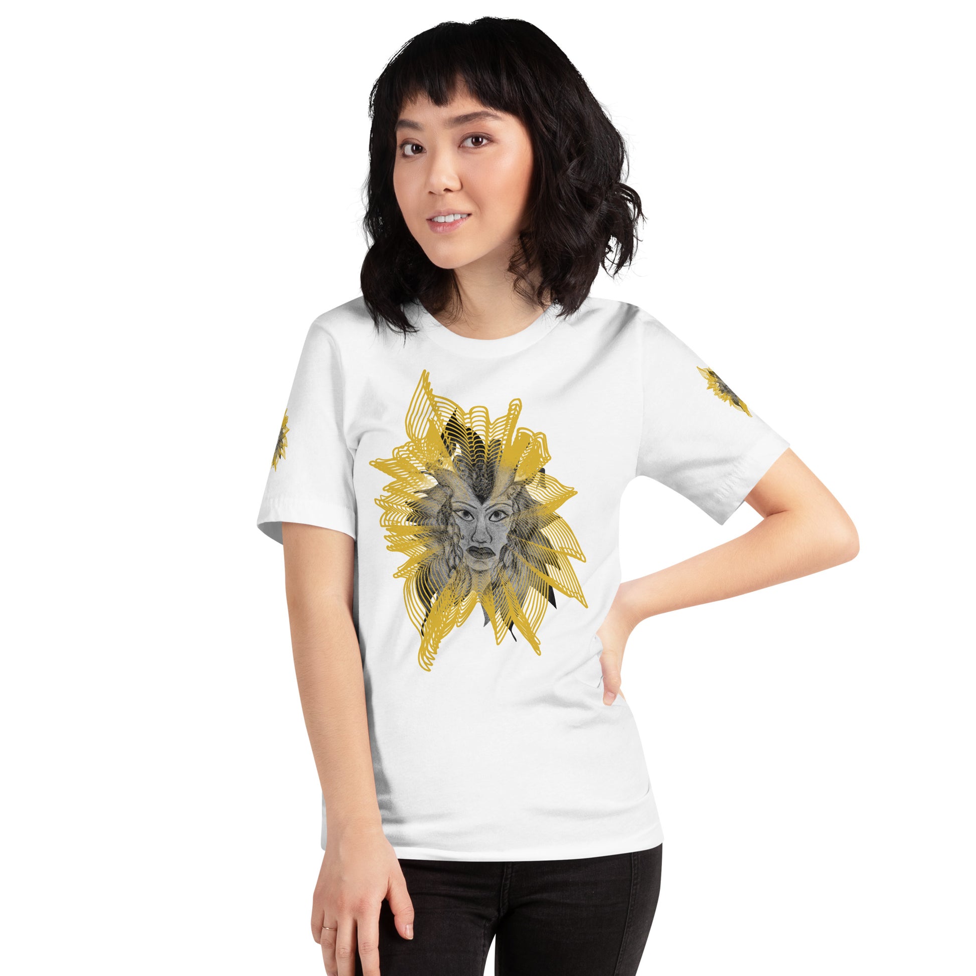 Front view of a white K.L.O.E. T-shirt featuring a striking hand-drawn face design surrounded by radiant golden abstract patterns—an artistic and empowering piece of handcrafted fashion, blending bohemian style clothing with contemporary fashion for bold self-expression and individuality, on a model.