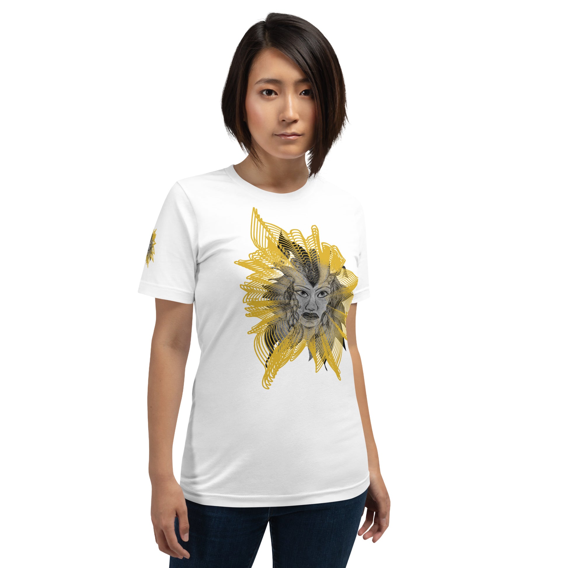 Front view of a white K.L.O.E. T-shirt featuring a striking hand-drawn face design surrounded by radiant golden abstract patterns—an artistic and empowering piece of handcrafted fashion, blending bohemian style clothing with contemporary fashion for bold self-expression and individuality, on a model.