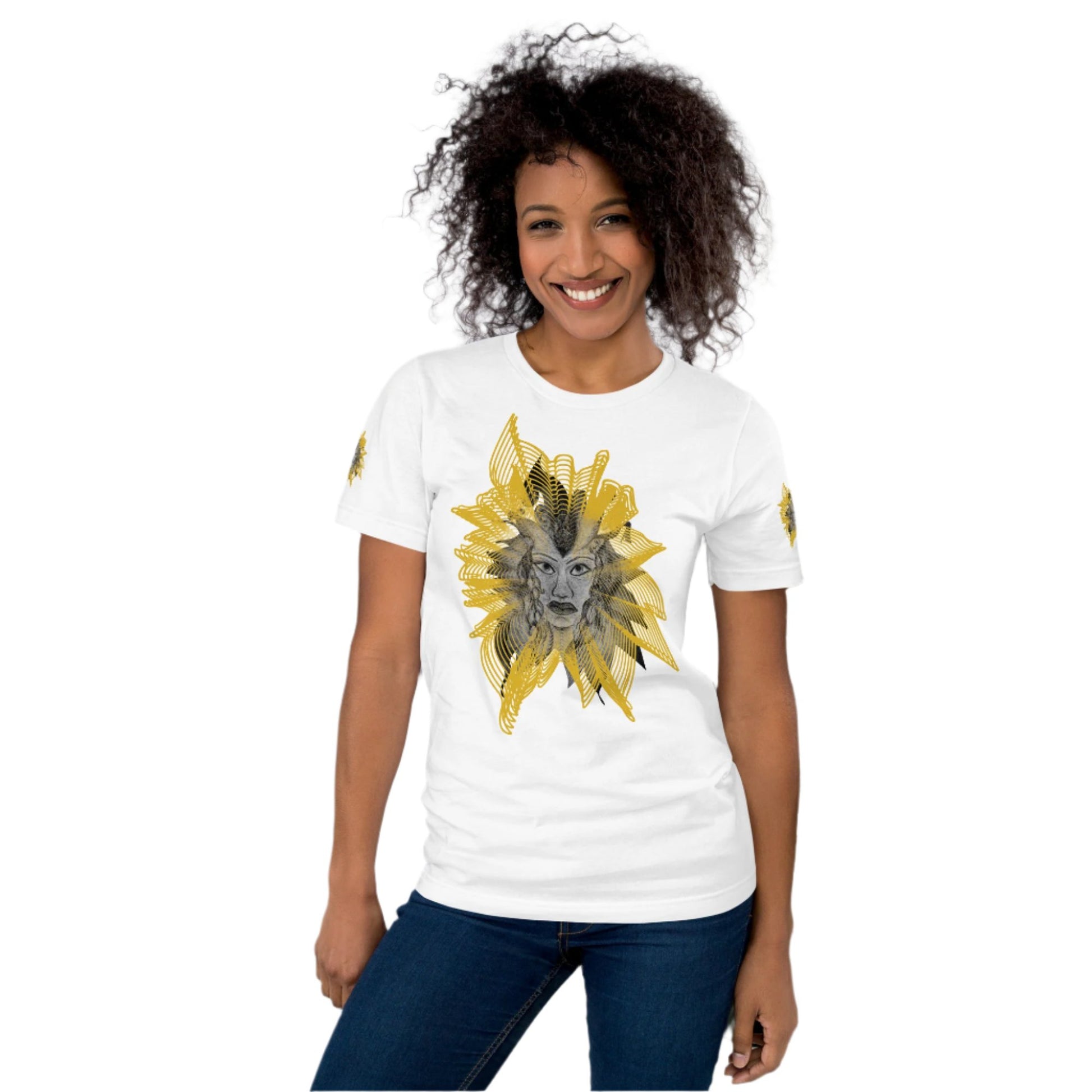 Front view of a white K.L.O.E. T-shirt featuring a striking hand-drawn face design surrounded by radiant golden abstract patterns—an artistic and empowering piece of handcrafted fashion, blending bohemian style clothing with contemporary fashion for bold self-expression and individuality, on a model.