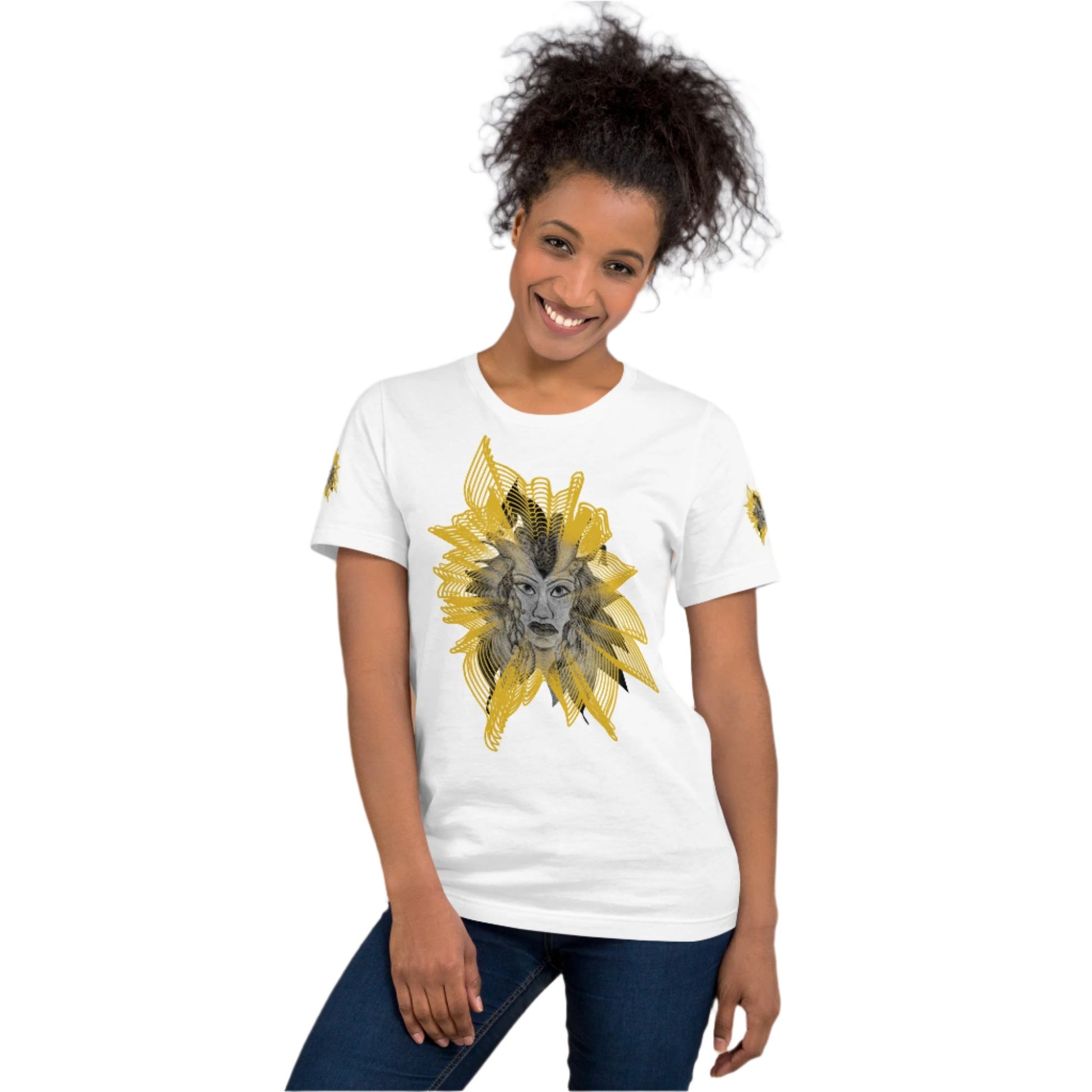 Front view of a white K.L.O.E. T-shirt featuring a striking hand-drawn face design surrounded by radiant golden abstract patterns—an artistic and empowering piece of handcrafted fashion, blending bohemian style clothing with contemporary fashion for bold self-expression and individuality, on a model.