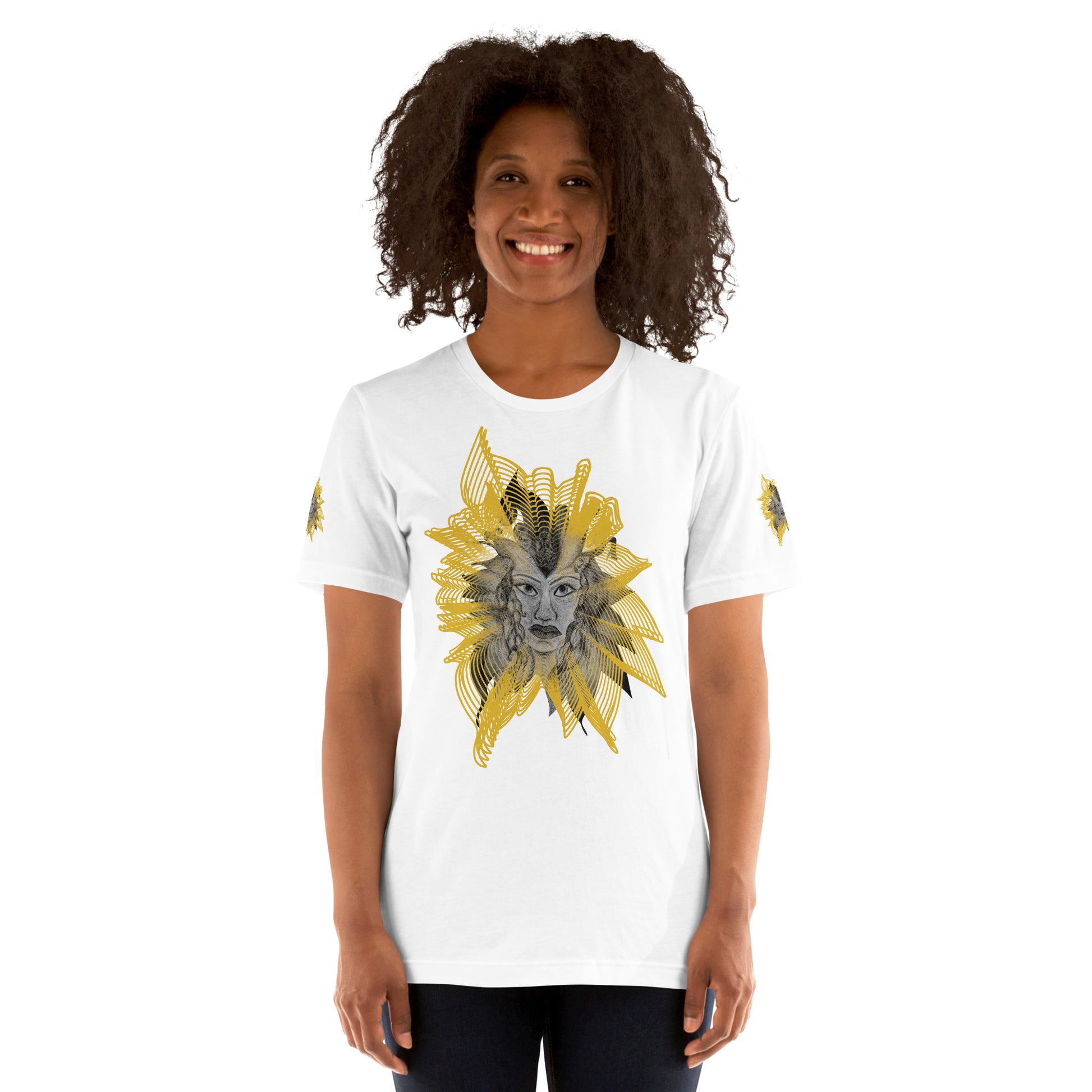 Front view of a white K.L.O.E. T-shirt featuring a striking hand-drawn face design surrounded by radiant golden abstract patterns—an artistic and empowering piece of handcrafted fashion, blending bohemian style clothing with contemporary fashion for bold self-expression and individuality, on a model.